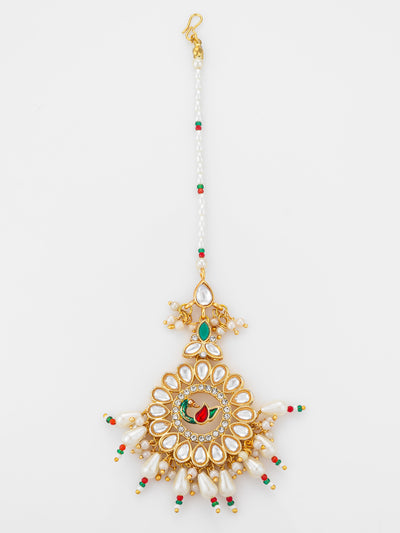 Aadita Gold Plated Kundan Peacock Maang Tikka with Pearl and Red-Green Bead Chain | Aadita Jewelry