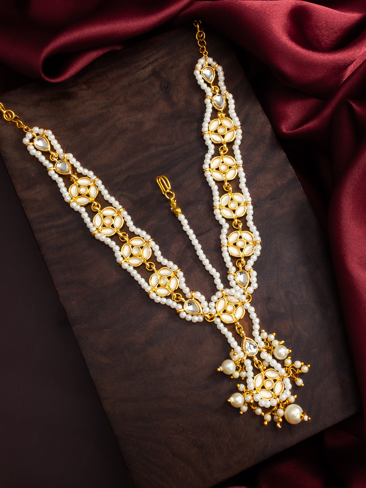 Gold Plated Kundan Pearl Matha Patti with Maang Tikka for Women – View 5 | Aadita Jewelry