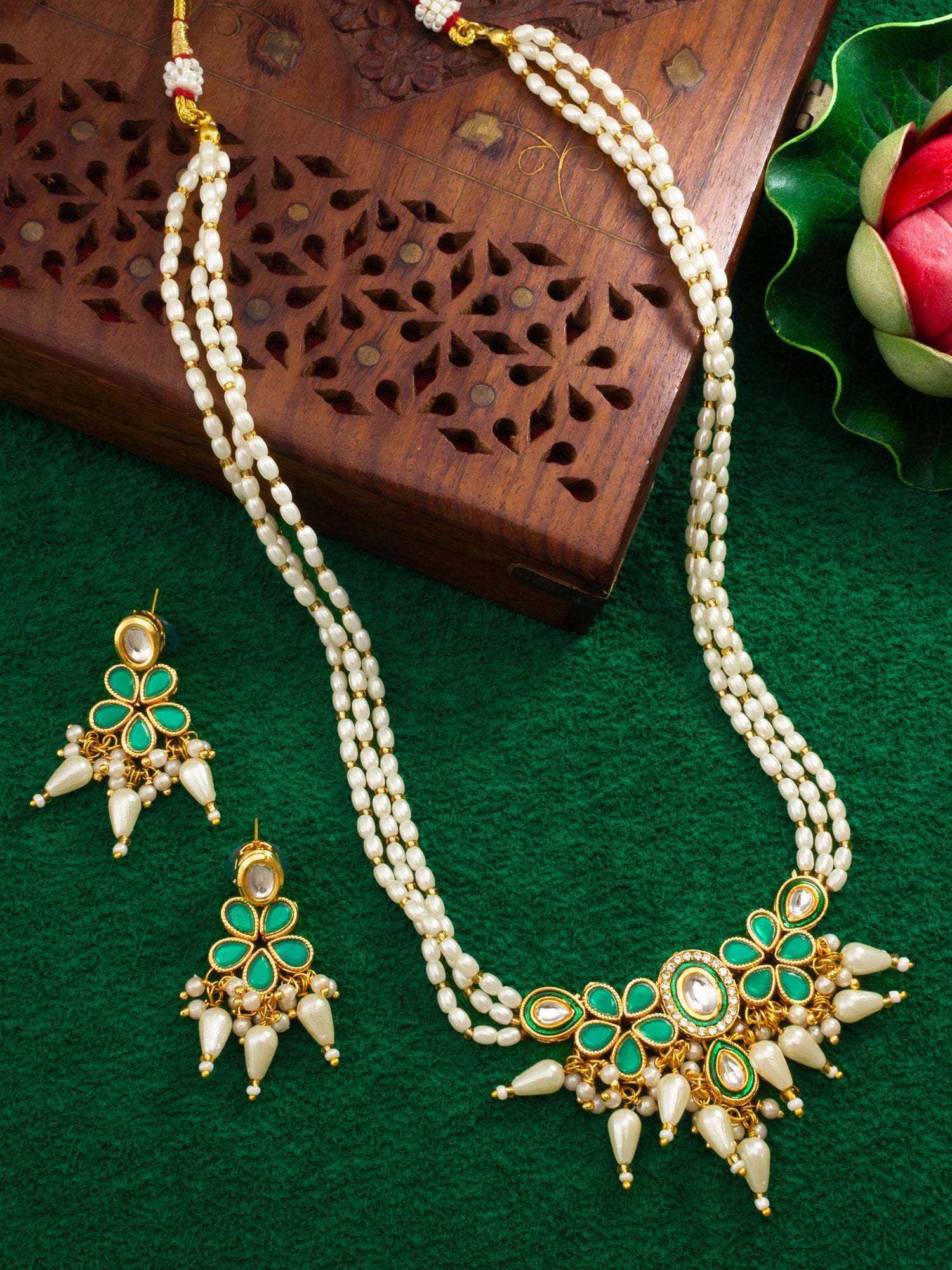 Gold Plated White & Green Kundan Pearl Traditional Necklace Set for Women – View 5 | Aadita Jewelry