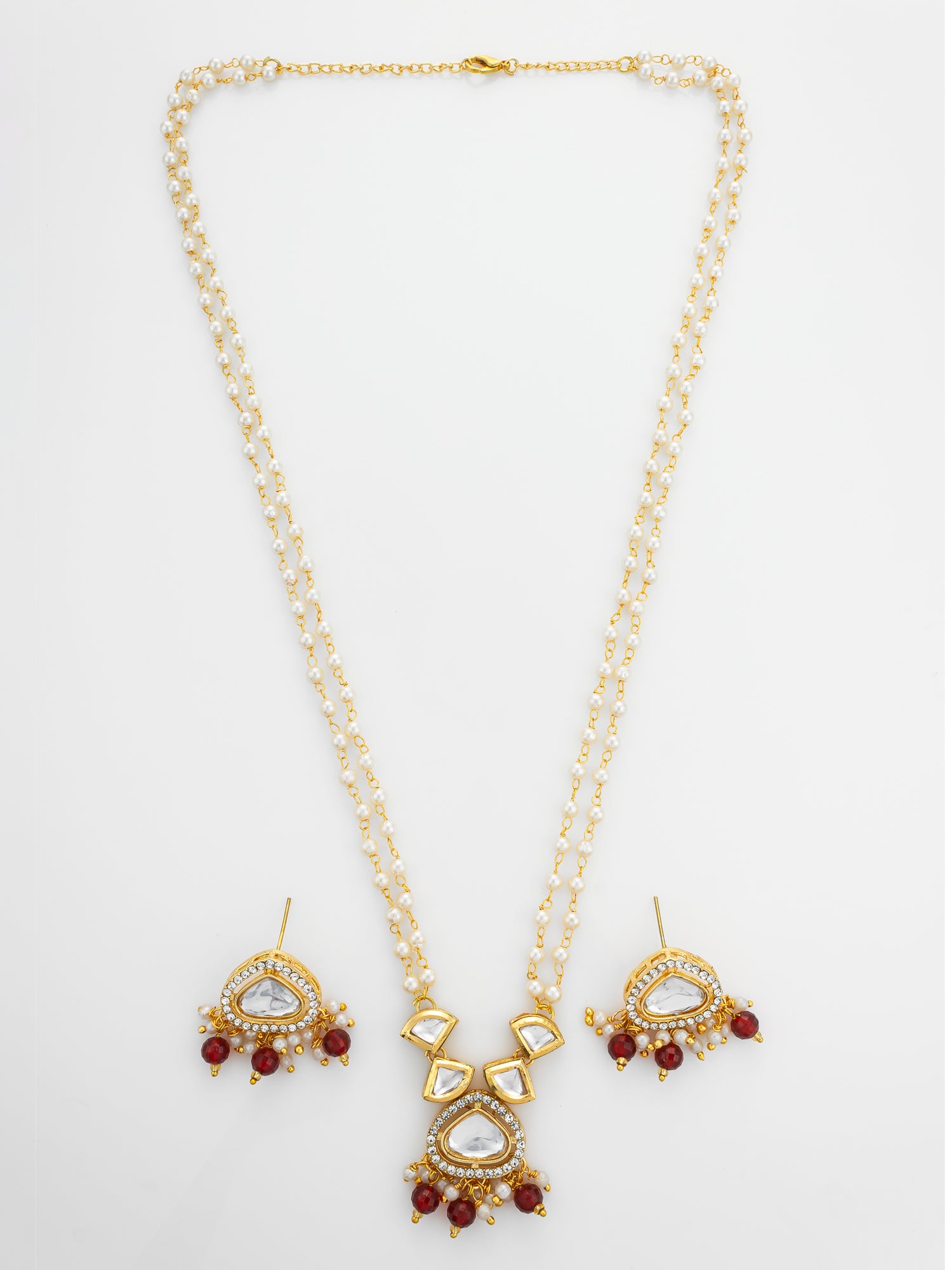 Gold Plated Kundan and Pearl Long Necklace Set with Red Accents | Aadita Jewelry