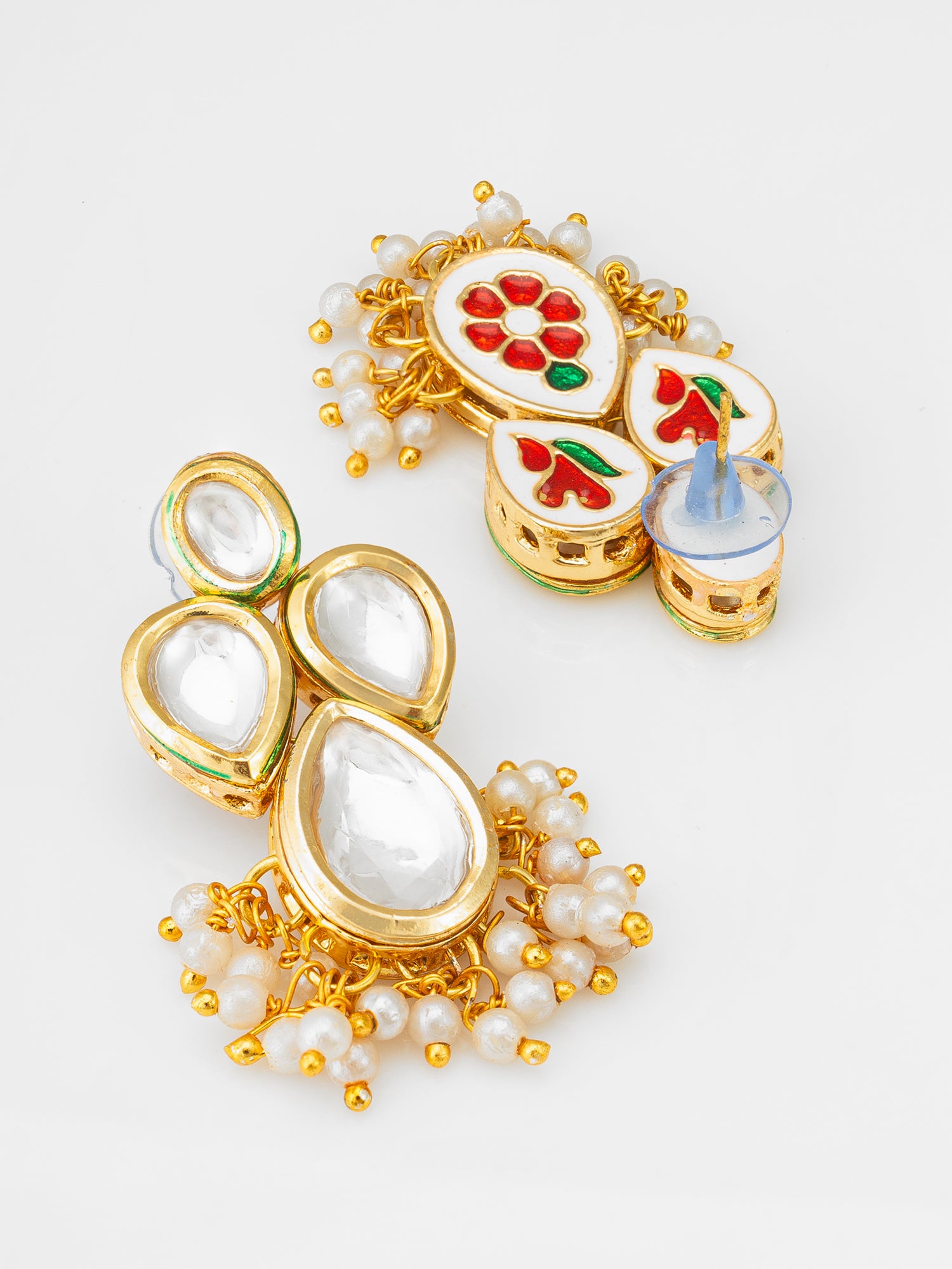 Gold-Plated Kundan Earrings with Pearl Cluster Drops – View 2 | Aadita Jewelry
