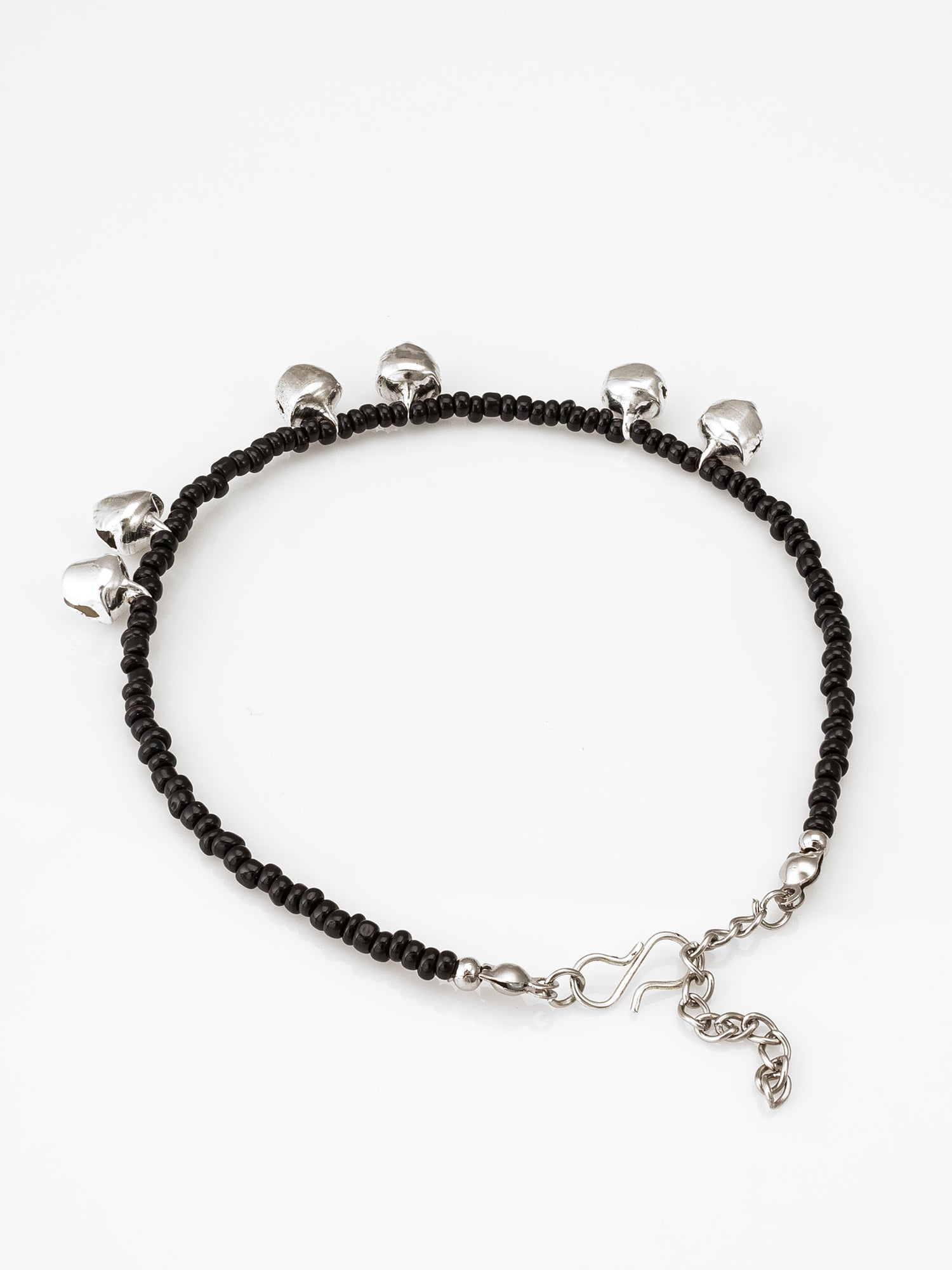 Black Seed Bead Anklet with Silver-Tone Ghungroo Bell Charms – View 3 | Aadita Jewelry