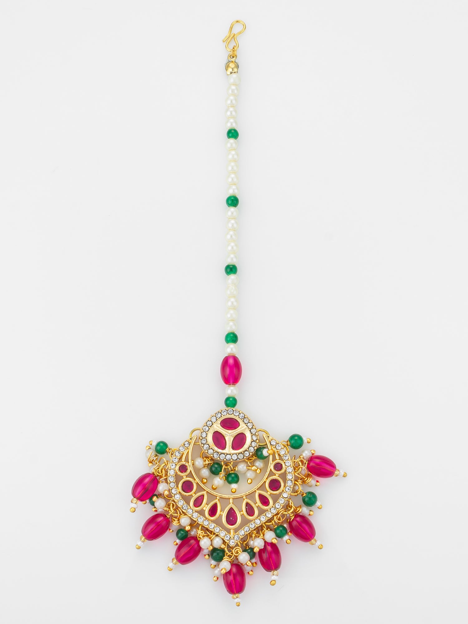 Aadita Gold Plated Kundan Maang Tikka with Pink and Green Beads | Aadita Jewelry