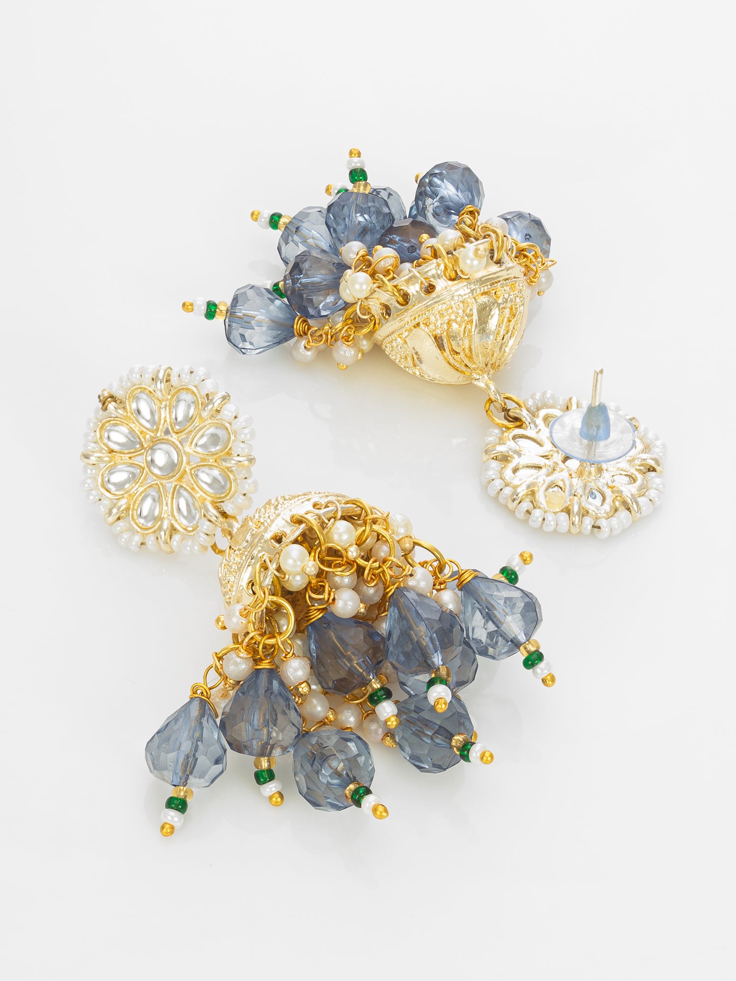 Gold-Plated Blue Beaded Kundan Jhumka Earrings – View 2 | Aadita Jewelry