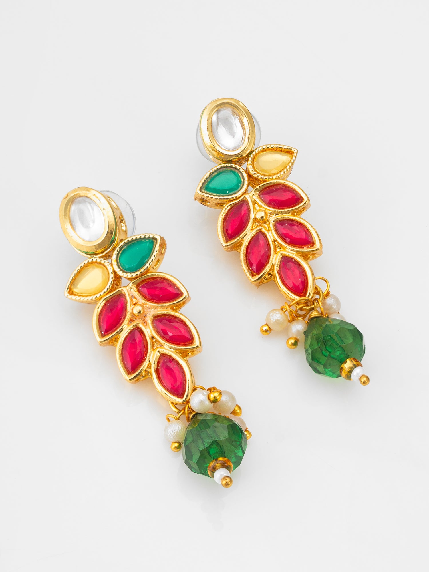 Leaf Pattern Kundan Necklace Set with Green Bead Drops – View 2 | Aadita Jewelry