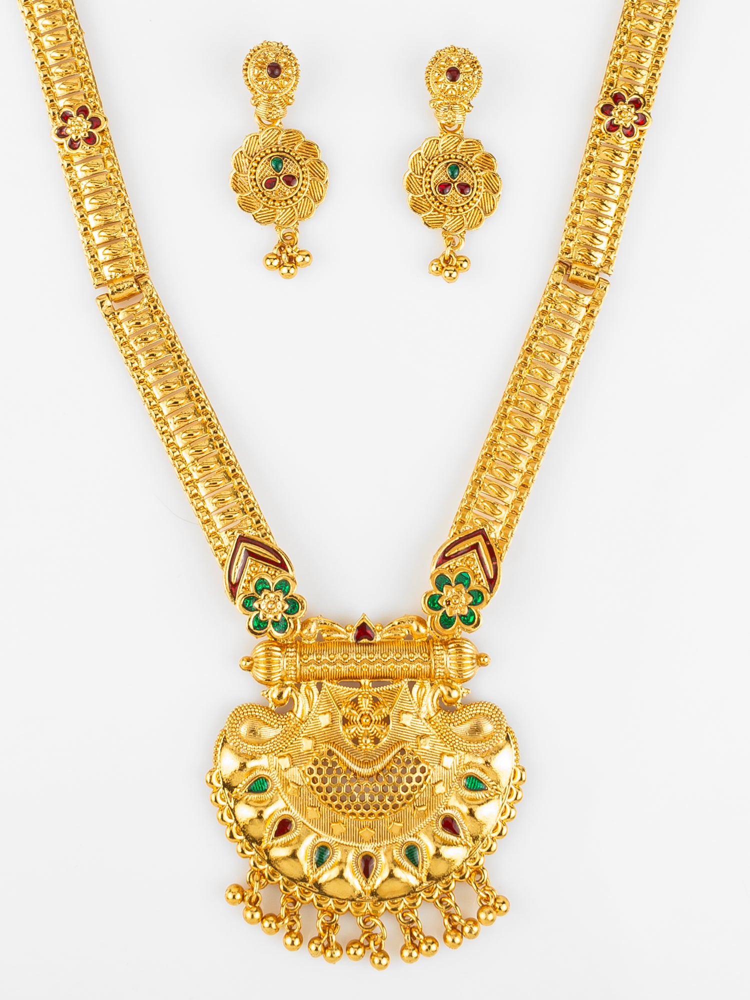 Gold Plated Traditional South Indian Long Necklace Set with Kemp Stones for Women – View 4 | Aadita Jewelry