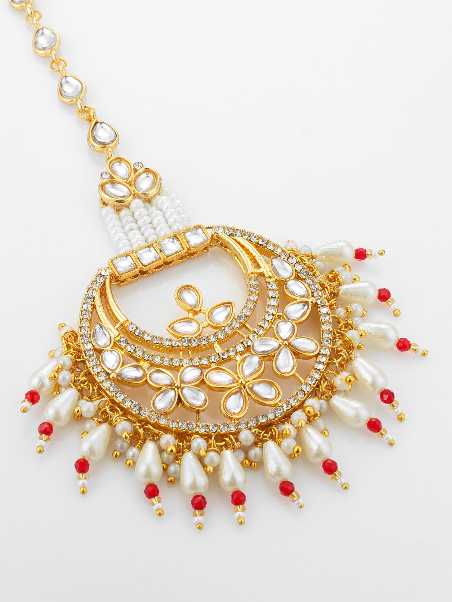 Aadita Gold Plated Kundan Chandbali Maang Tikka with Pearl and Red Crystal Drops – View 3 | Aadita Jewelry