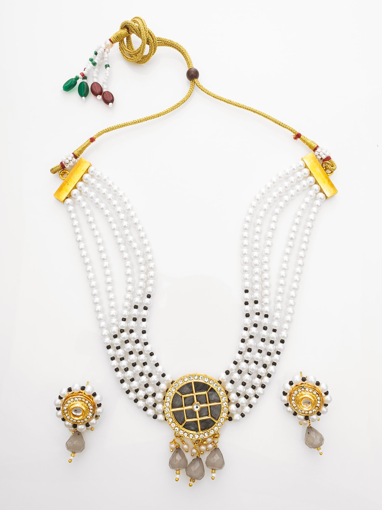 Traditional White Pearl Choker Necklace Set with Round Black Centerpiece & Earrings – View 2 | Aadita Jewelry