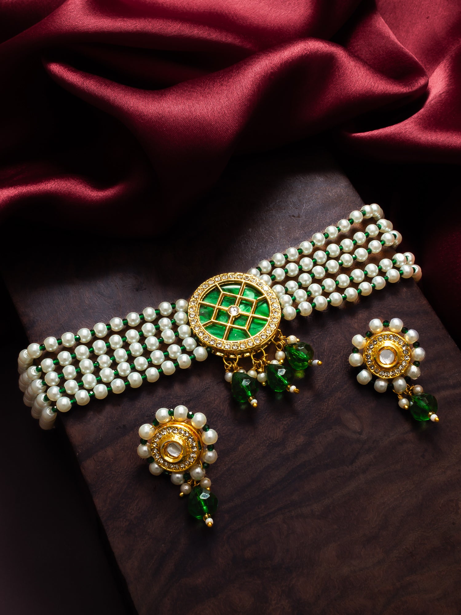 Gold-Plated Green & White Kundan Choker Necklace Set – View 5 | Aadita Jewelry