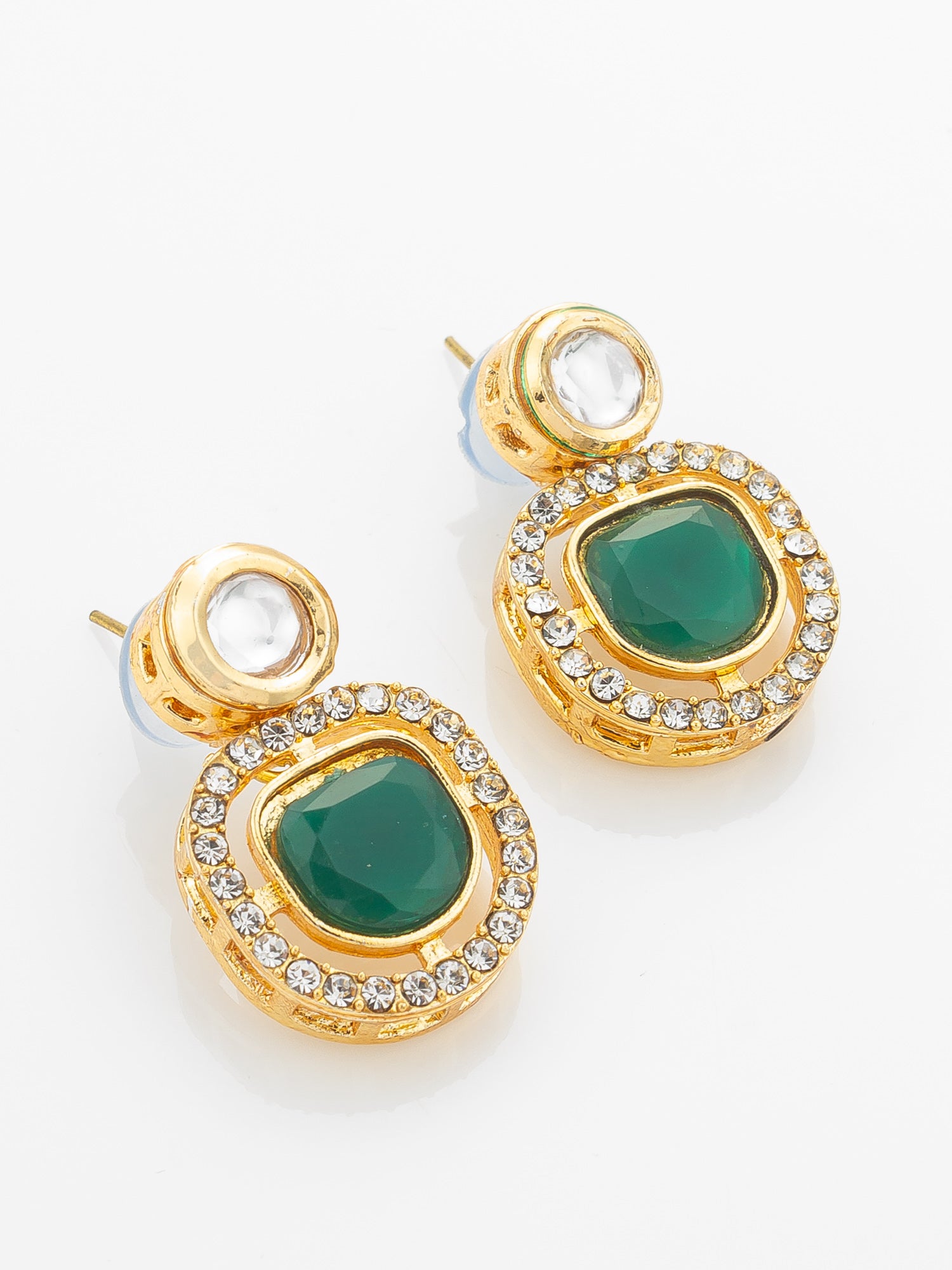 Aadita Gold-Plated Kundan Necklace Set with Green Meenakari Pendant and Pearl Chain and Earrings – View 2 | Aadita Jewelry