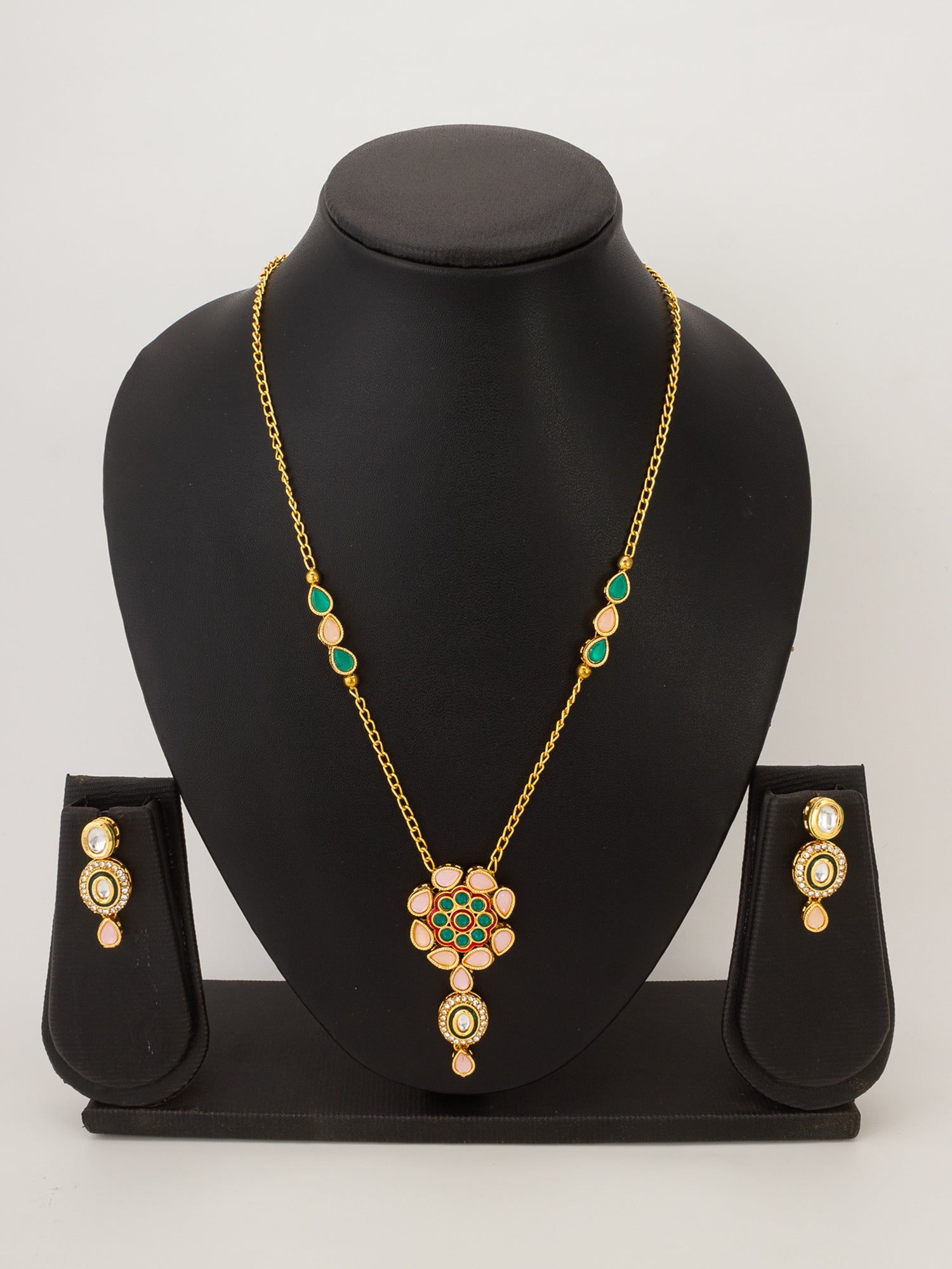 Traditional Kundan Necklace Set with Pink and Green Floral Pendant – View 4 | Aadita Jewelry