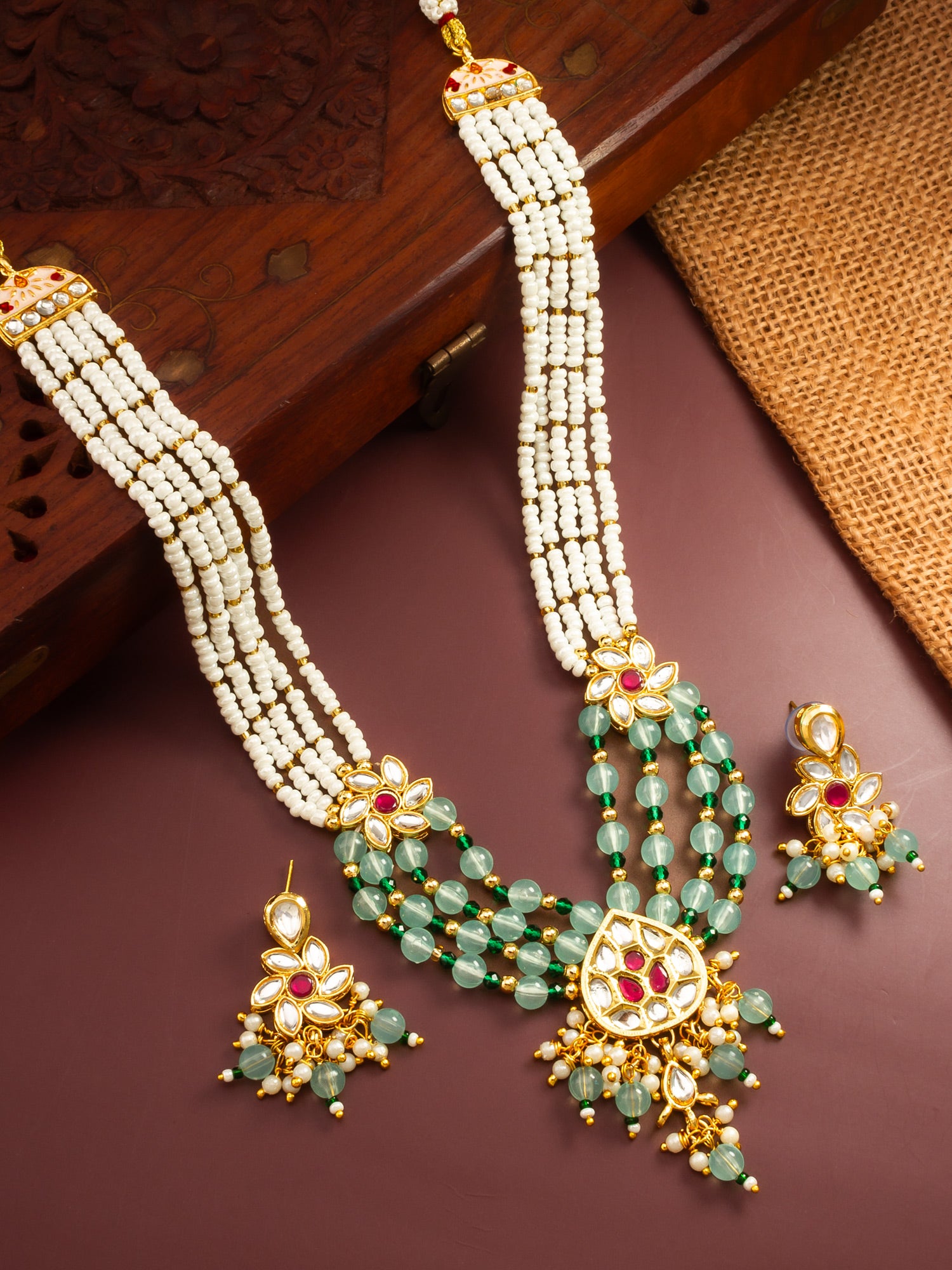Gold Plated Multi Strand Pearl and Kundan Necklace Set with Mint Green Beads – View 5 | Aadita Jewelry