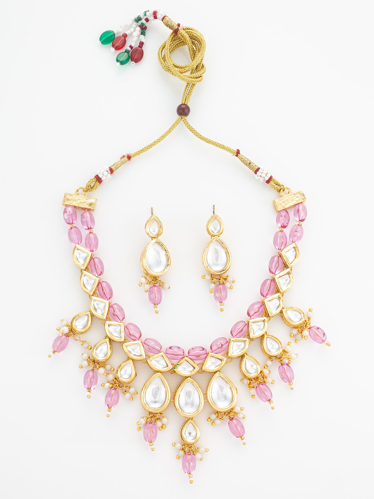 Gold Plated Kundan & Pink Crystal Drop Necklace Set | Aadita Jewelry