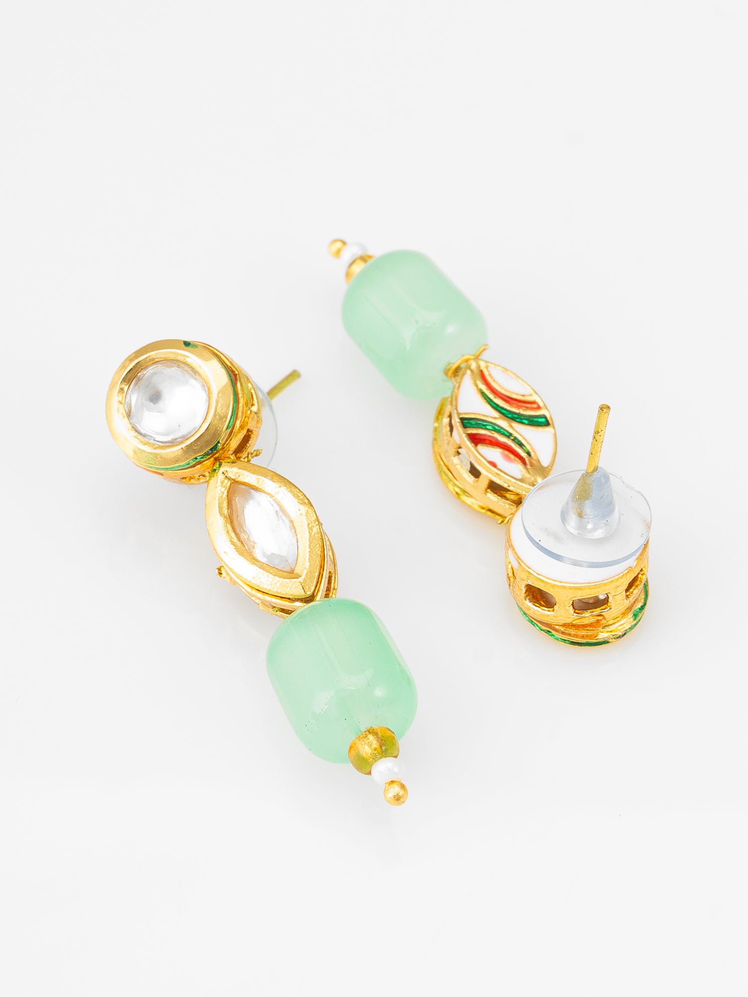 Mint Green Barrel Bead Multi-Strand Necklace Set with Kundan Pendant and Matching Earrings – View 3 | Aadita Jewelry