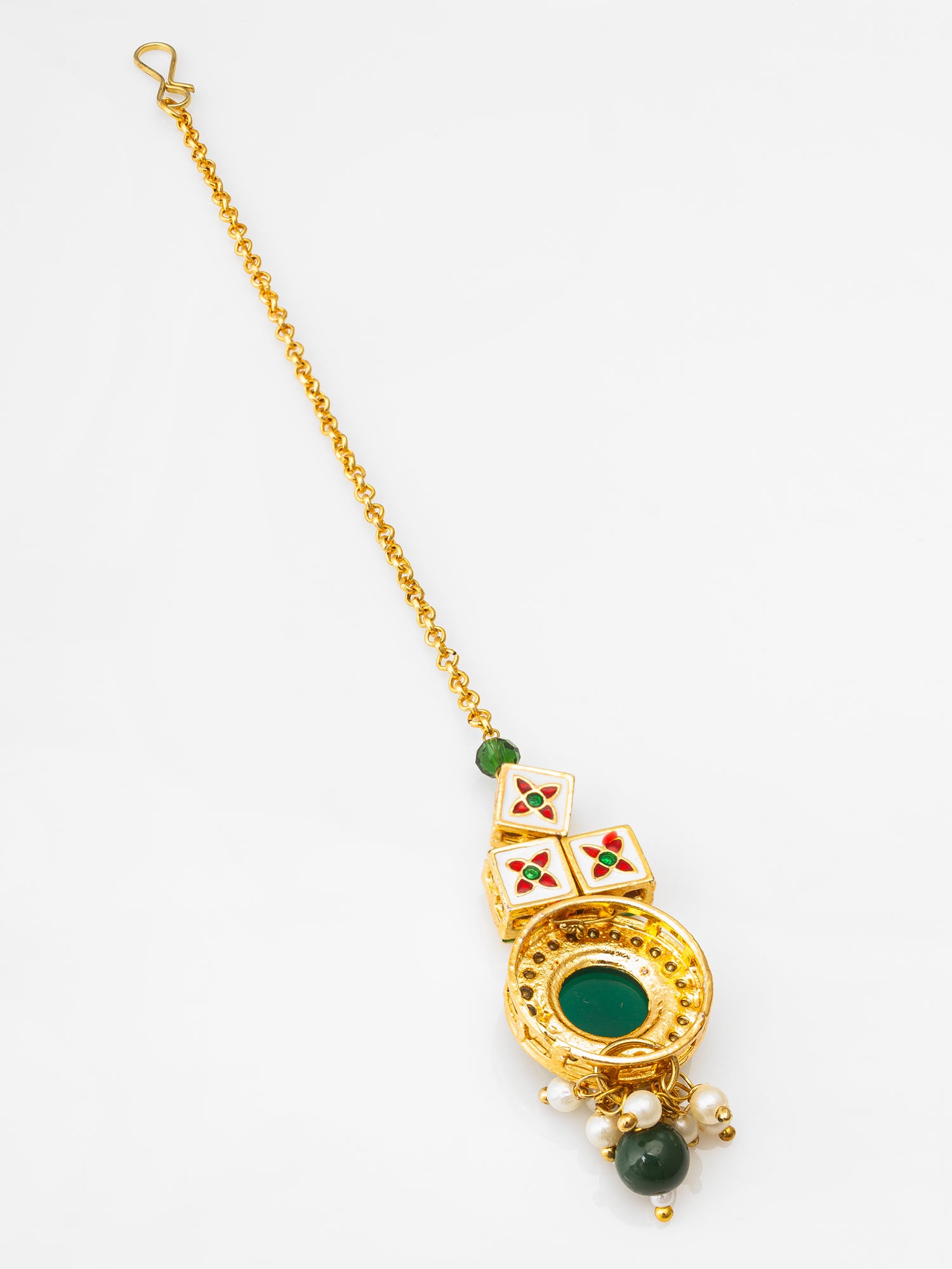 Classic Kundan Green Stone Maang Tikka with Pearl Drops – View 3 | Aadita Jewelry