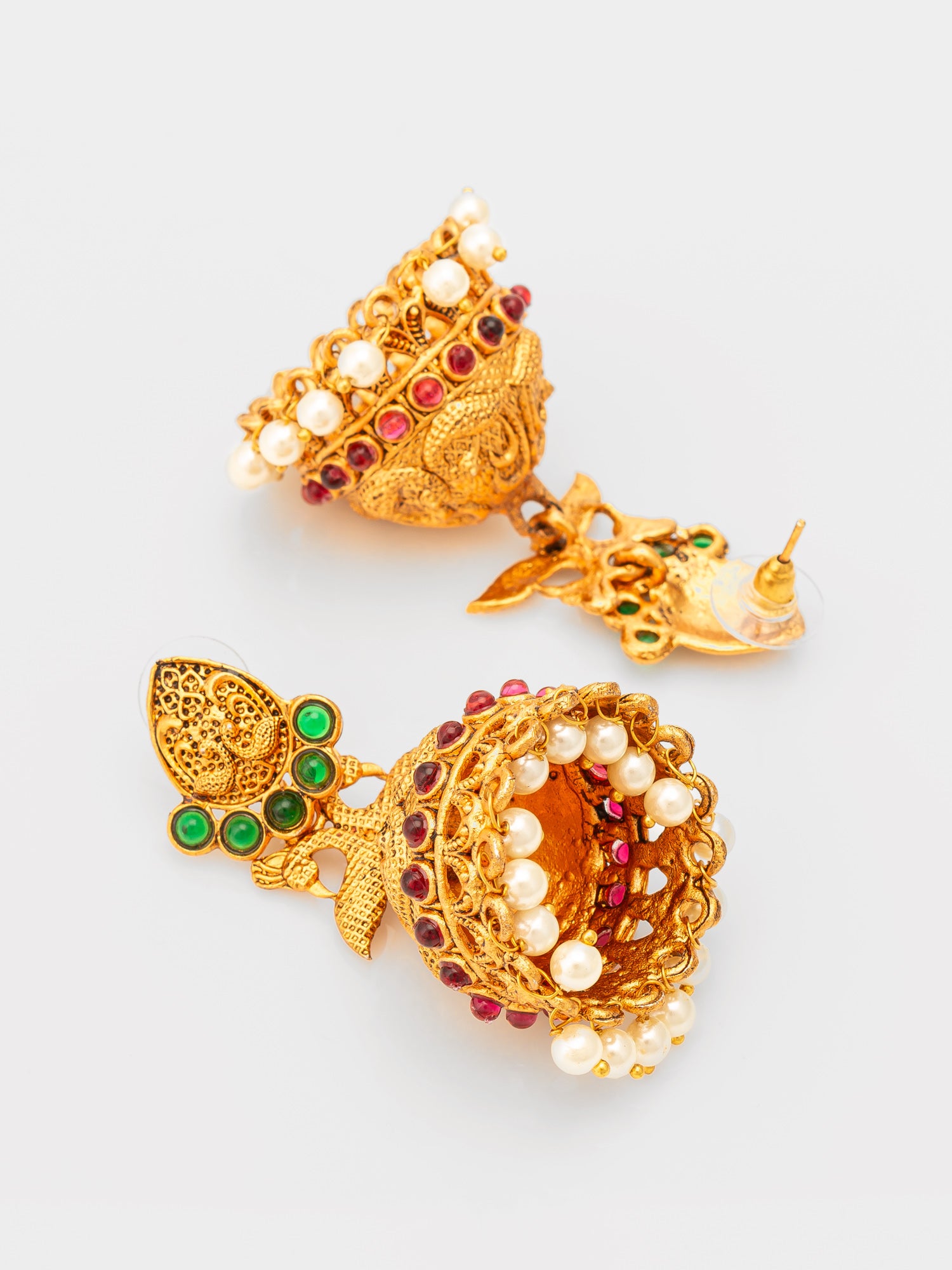 Aadita Traditional Gold Plated Green & Red Stone Jhumka Earrings – View 3 | Aadita Jewelry