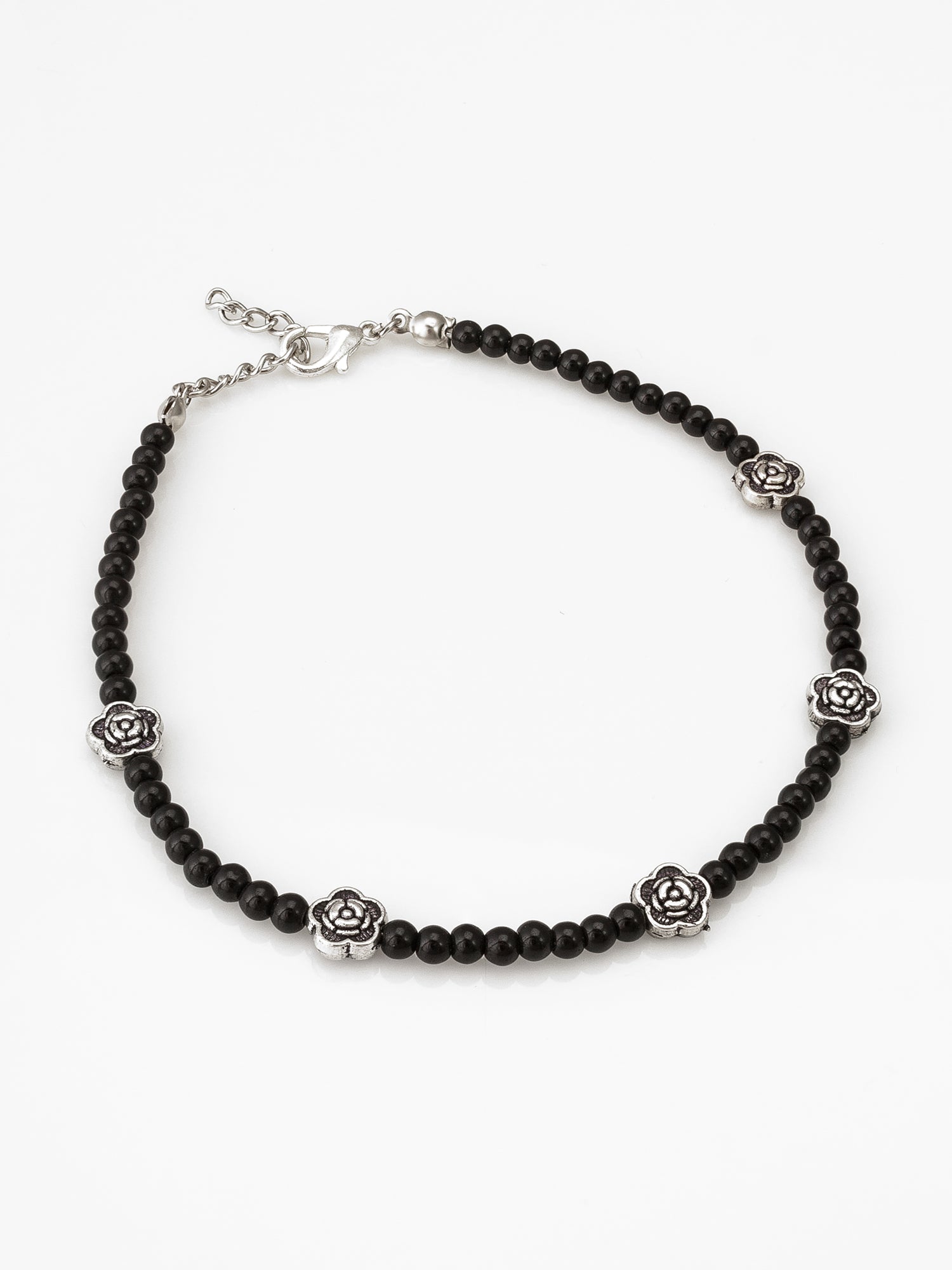 Black Bead Oxidized Rose Charm Anklet | Aadita Jewelry