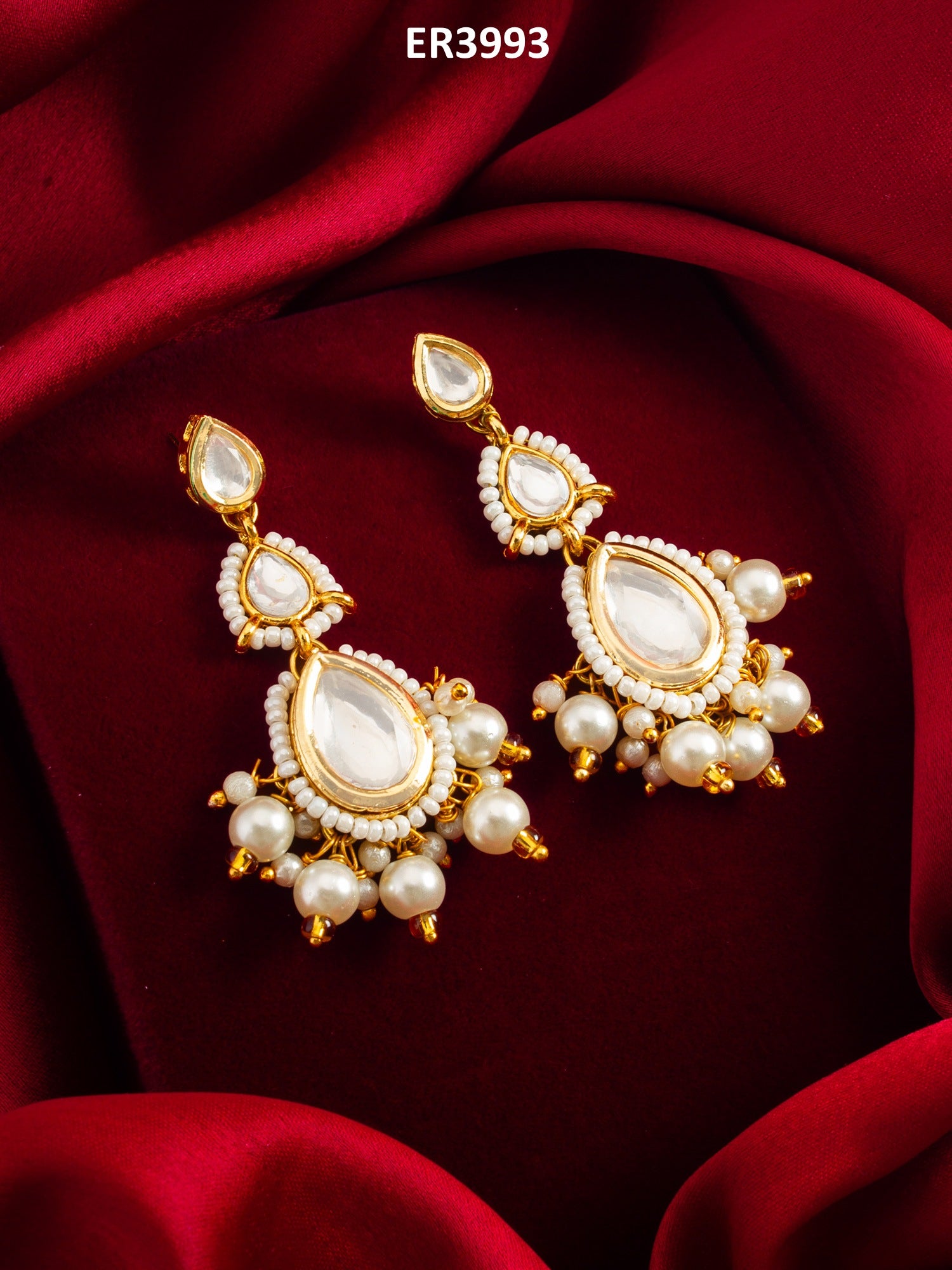 White Kundan Drop Earrings with Pearl – View 5 | Aadita Jewelry