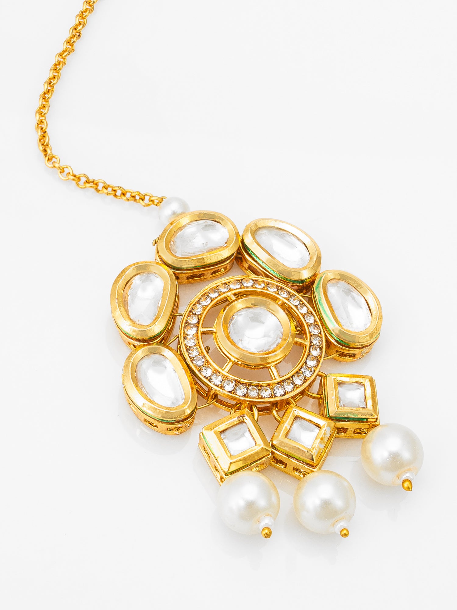 Gold-Plated Kundan Maang Tikka with Pearl Drops – View 3 | Aadita Jewelry