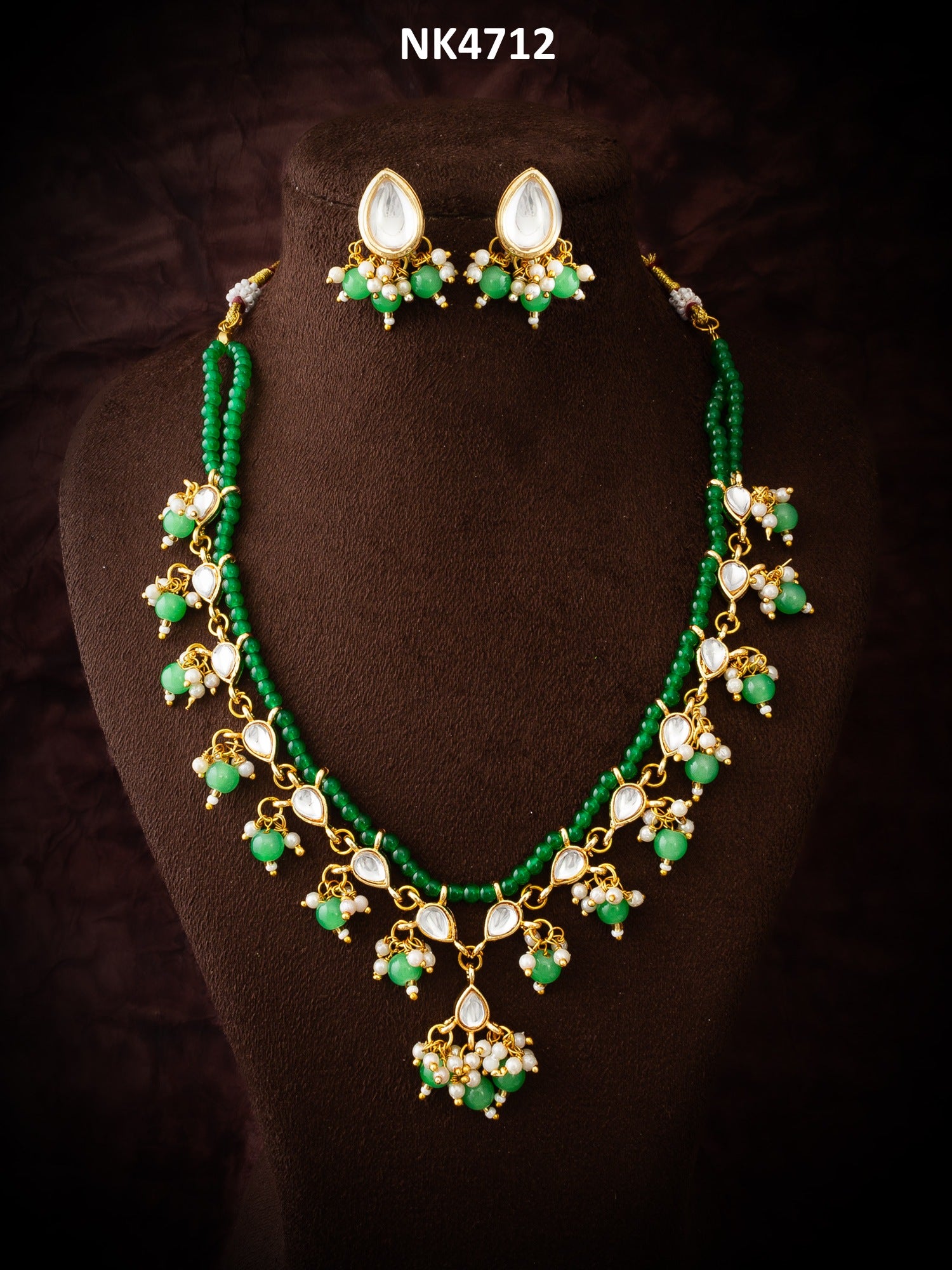 Gold-Plated Kundan Necklace Set with Green Beads and Stud Earrings – View 5 | Aadita Jewelry