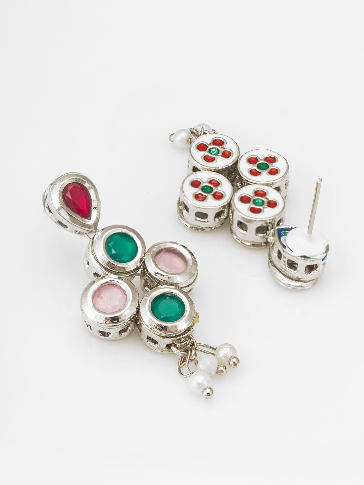 Silver Plated Multi-Color Drop Earrings with Pearl – View 2 | Aadita Jewelry