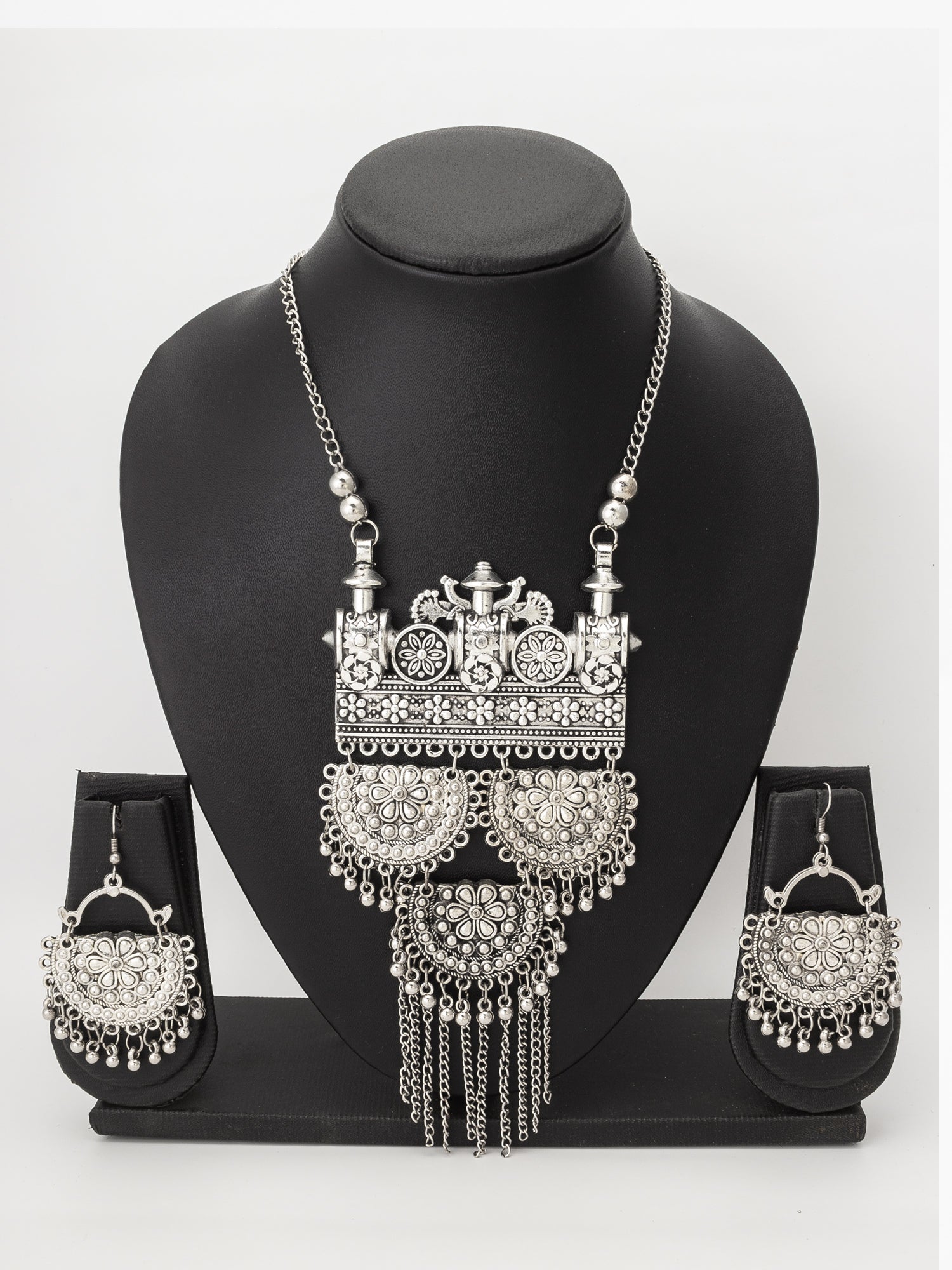 Oxidised Silver Floral Necklace Set with Chandbali Earrings – View 4 | Aadita Jewelry