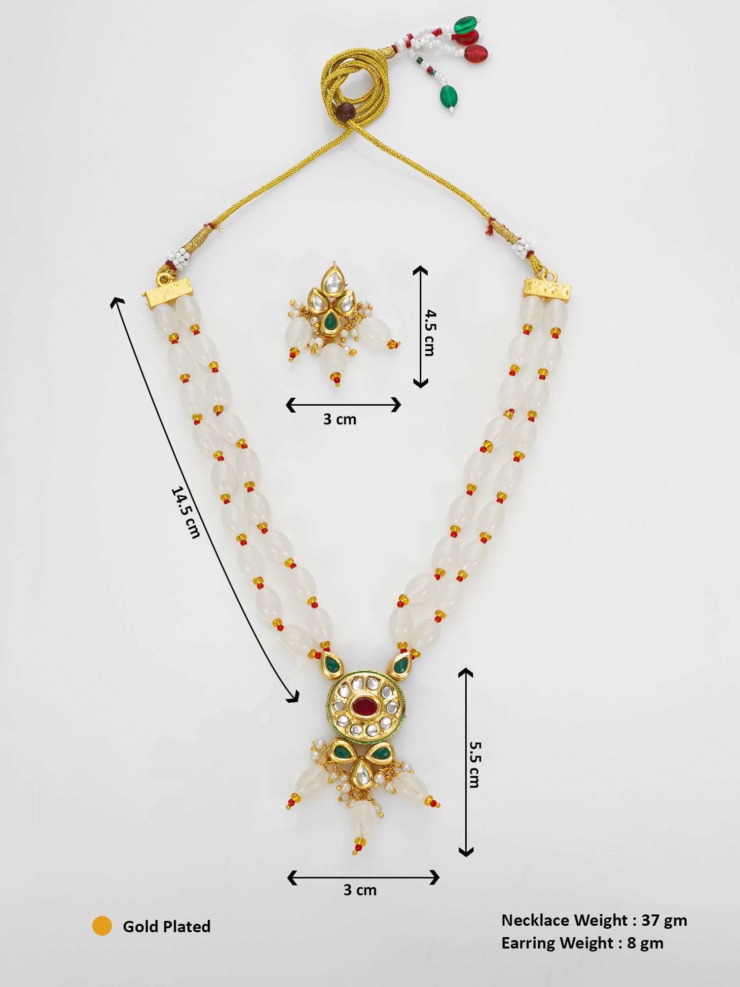 Gold Plated White Beads Kundan Necklace Set with Earrings – View 5 | Aadita Jewelry