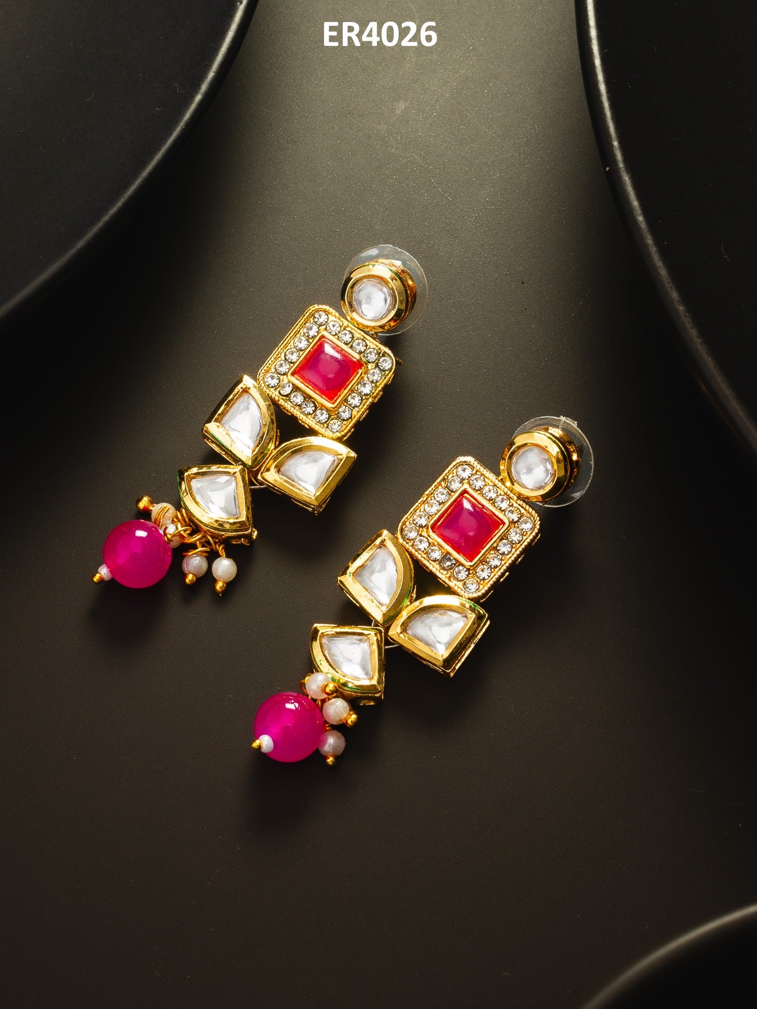 Geometric Gold-Plated Kundan Long Drop Earrings with Pink Accents and Pearl Beads – View 5 | Aadita Jewelry