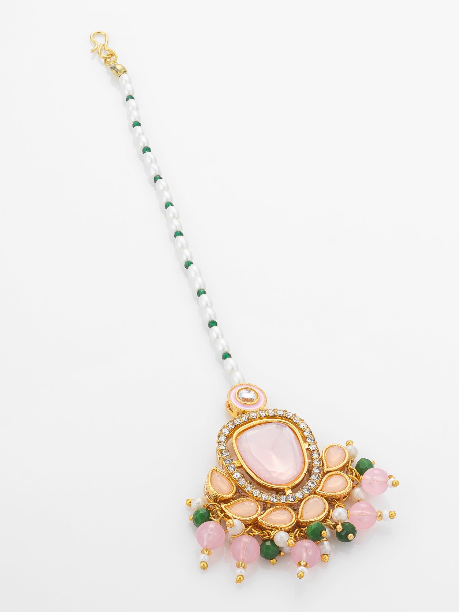 Aadita Gold Plated Large Pink Kundan Pendant Mangtika with Pearl and Green Bead Chain – View 2 | Aadita Jewelry