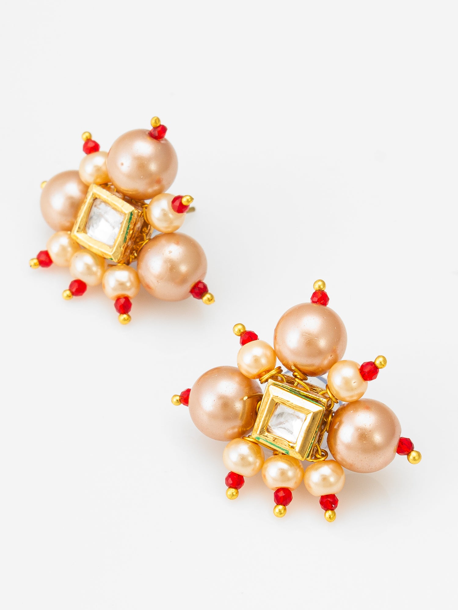 Five-Strand Peach Pearl Mala Necklace Set with Kundan Cluster Earrings – View 2 | Aadita Jewelry