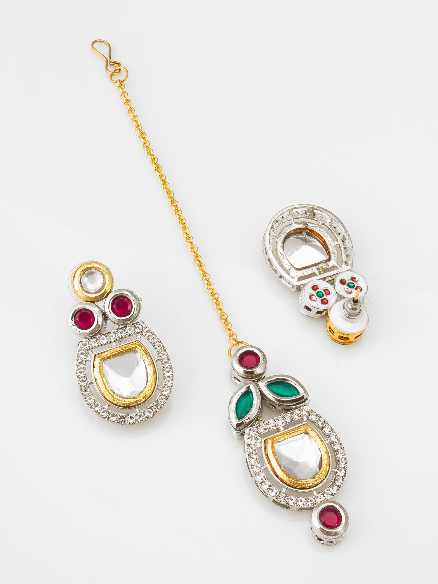Dual-Tone Polki Kundan Necklace Set with Earrings and Maang Tikka – View 3 | Aadita Jewelry