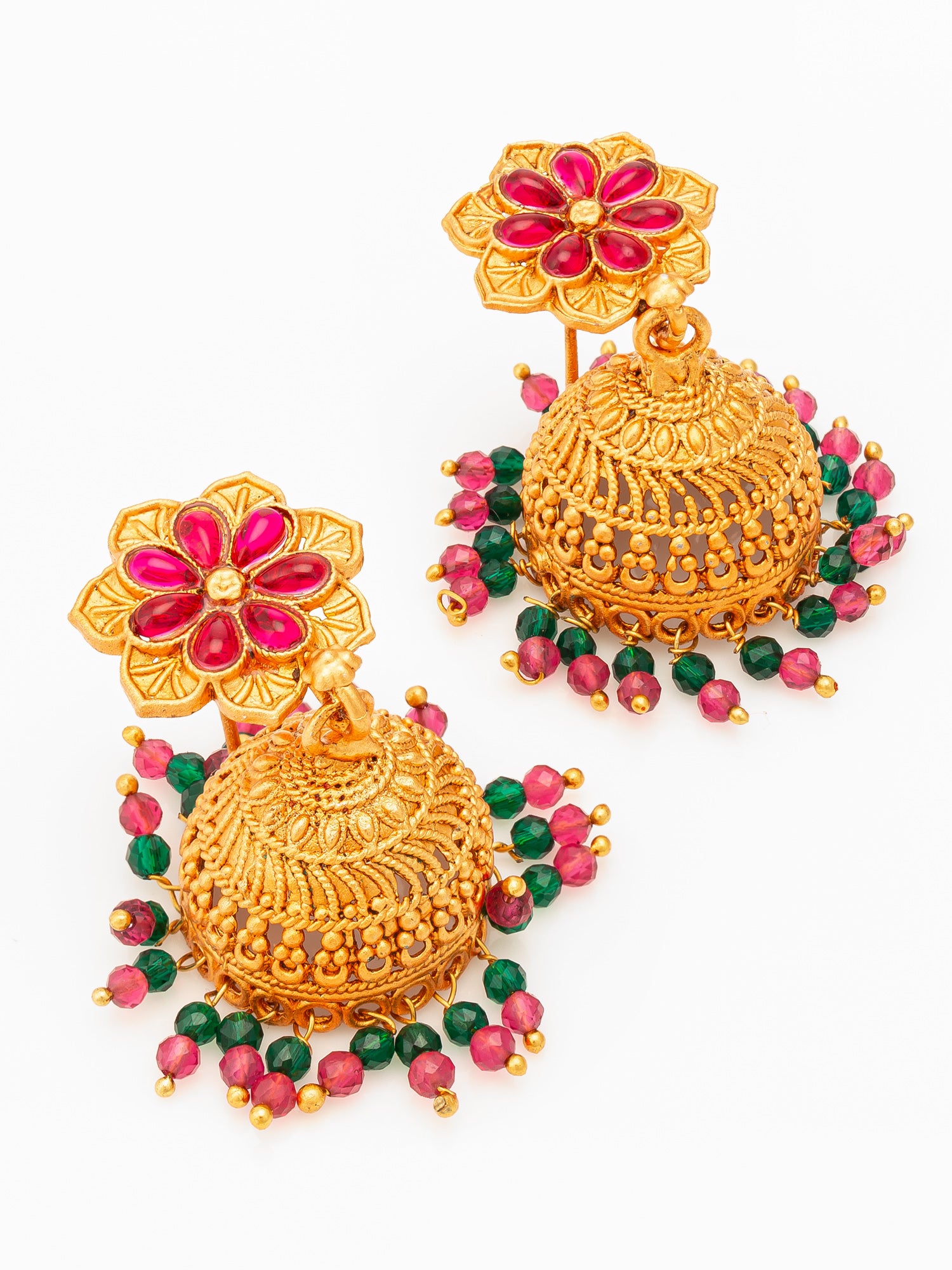 Aadita Floral Gold Plated Pink and Green Jhumka Earrings – View 2 | Aadita Jewelry