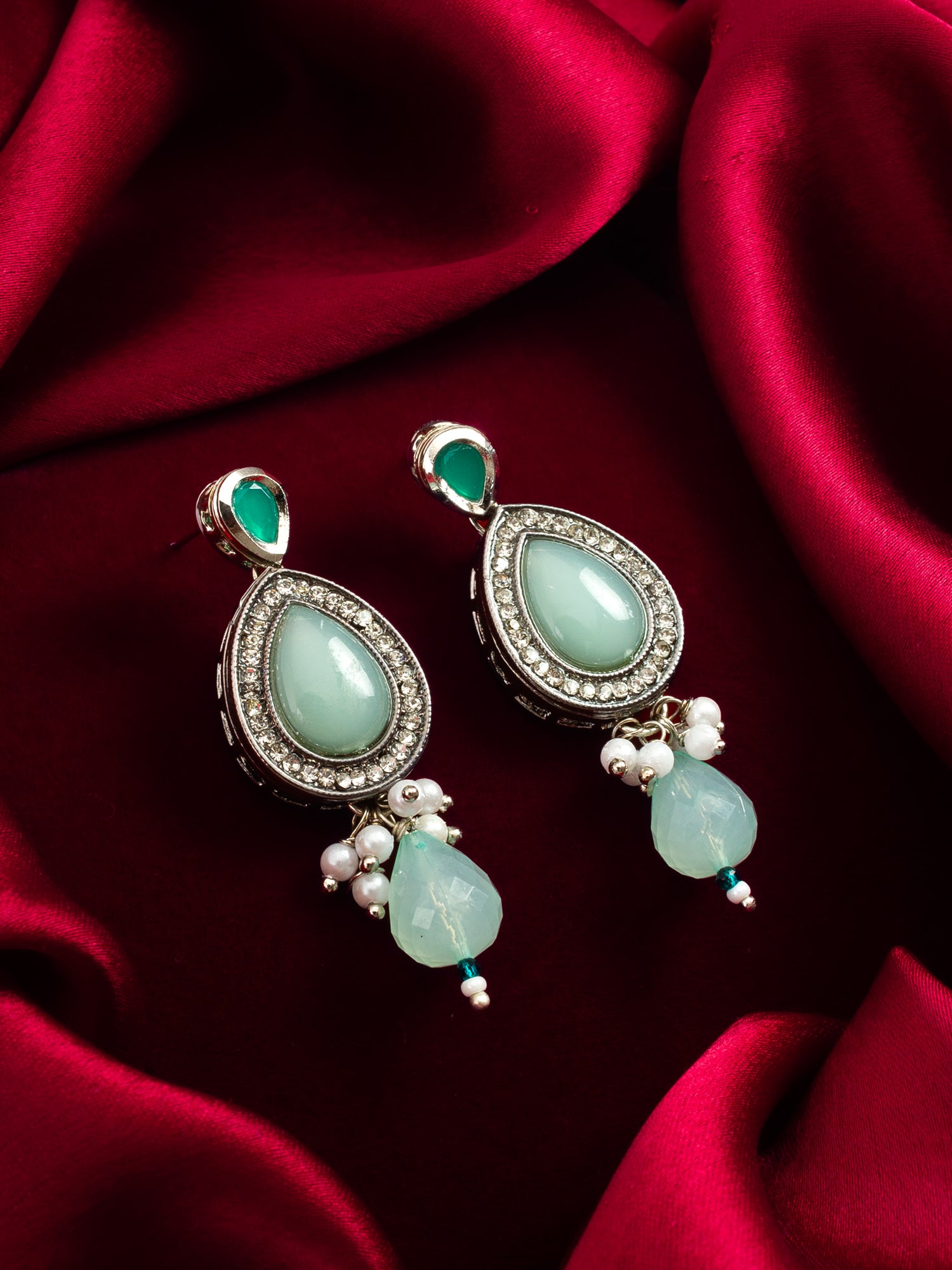 Silver Finished Mint Green Stone and Pearl Drop Earrings – View 4 | Aadita Jewelry