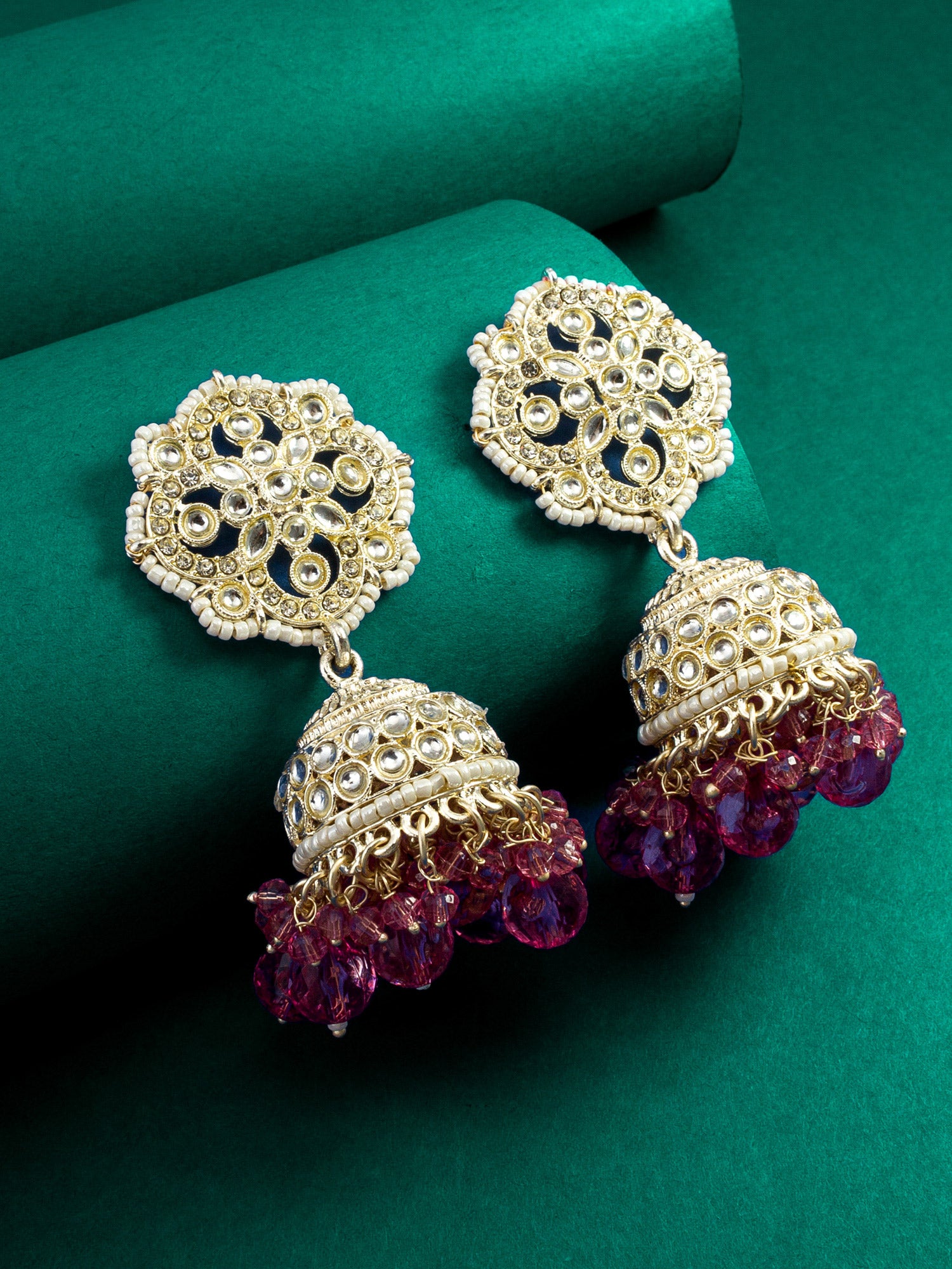 Kundan Pink Beaded Jhumka Earrings – View 4 | Aadita Jewelry