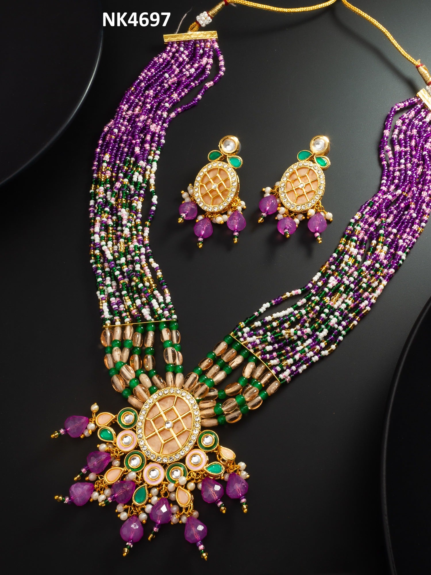 Purple Multi-Strand Beaded Necklace Set with Pendant and Chandbali Earrings | Aadita Jewelry