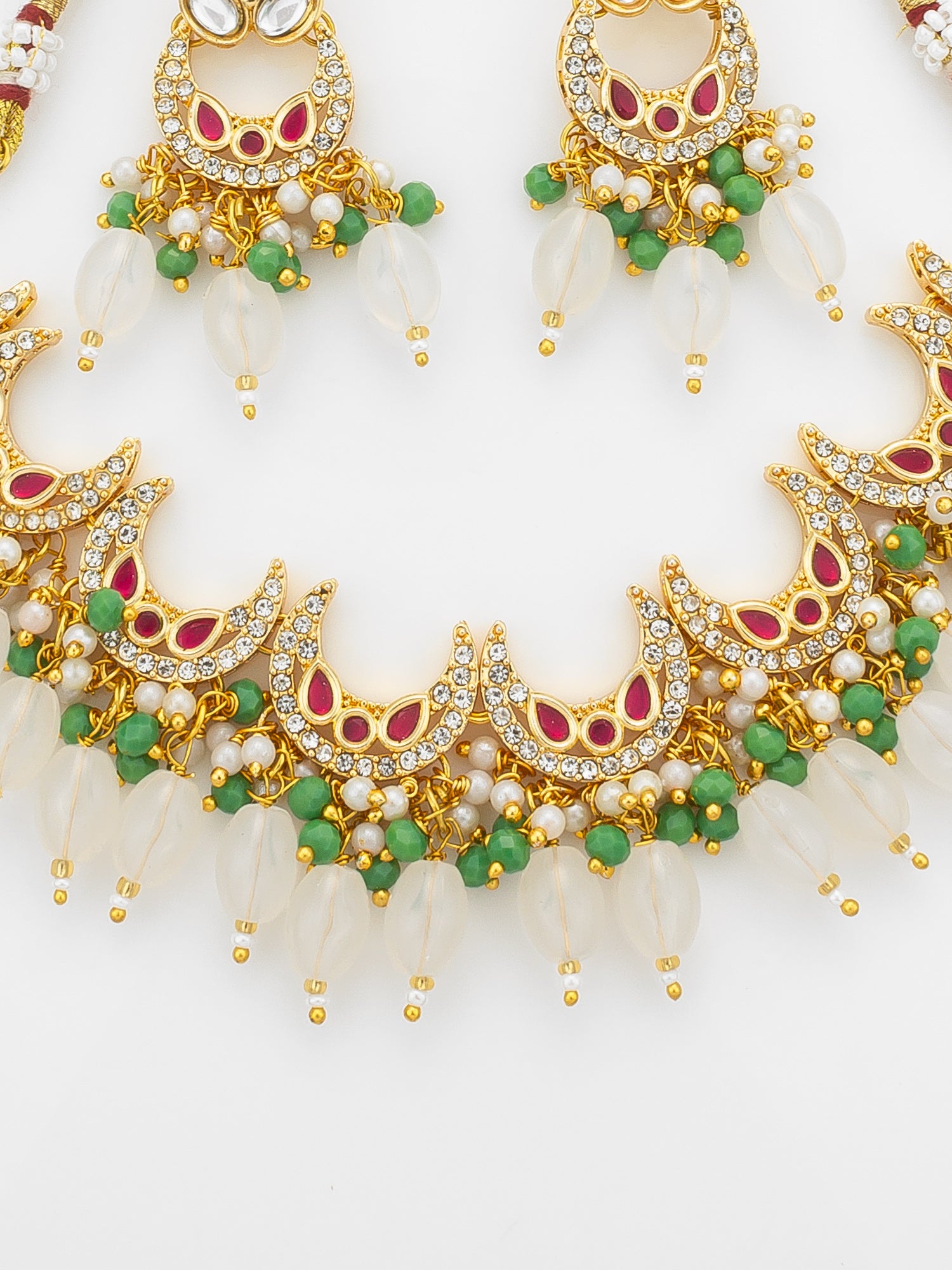 Aadita Gold Plated Kundan Necklace Set with Green Beads and White Drop with Chandbali Earrings – View 4 | Aadita Jewelry