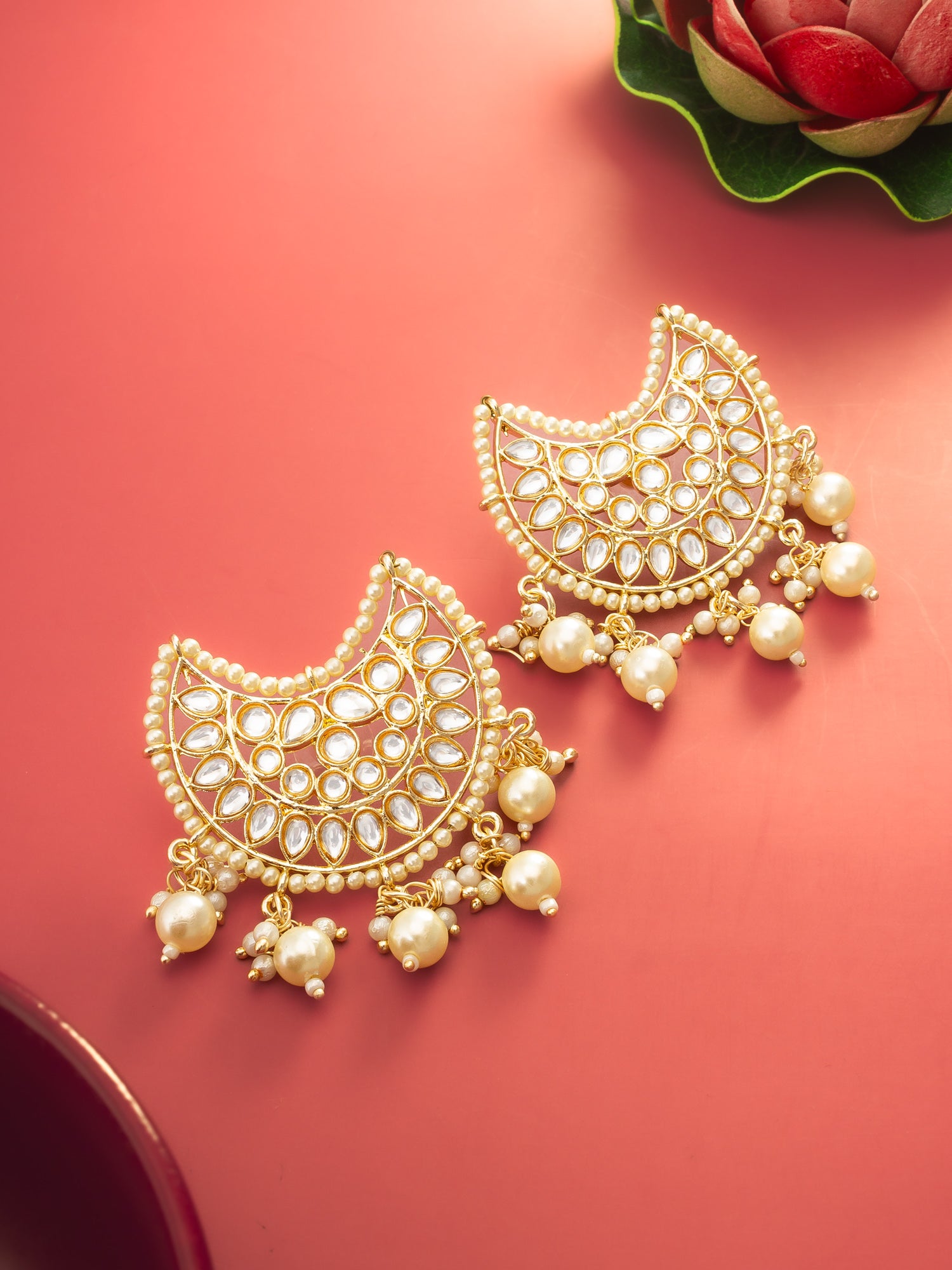 Aadita Gold Plated Kundan Chandbali Pearl Drop Earrings – View 5 | Aadita Jewelry