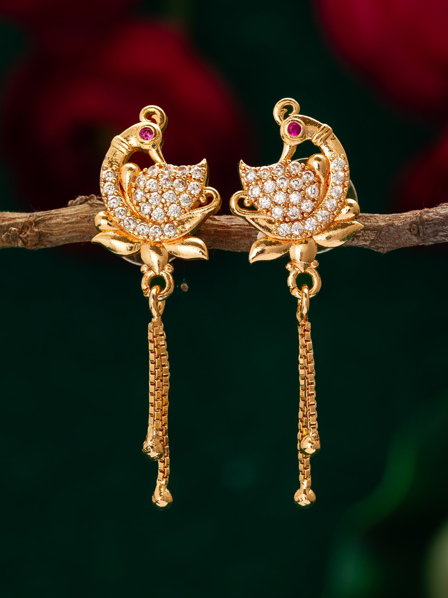 Peacock Design American Diamond Chain Drop Earrings – View 4 | Aadita Jewelry