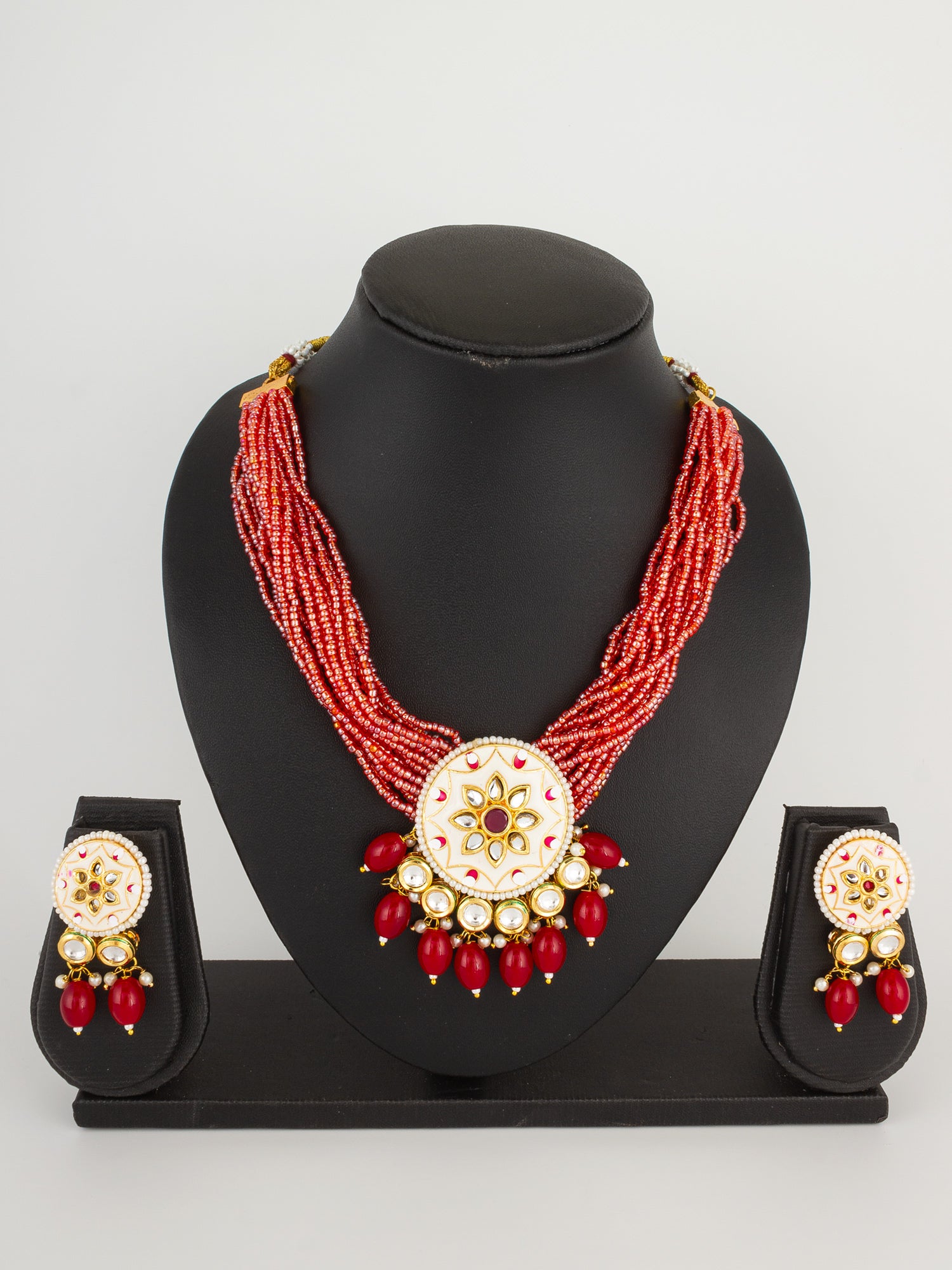 White Meenakari Kundan Pendant Necklace Set with Seed Beads and Red Stone Earrings – View 4 | Aadita Jewelry