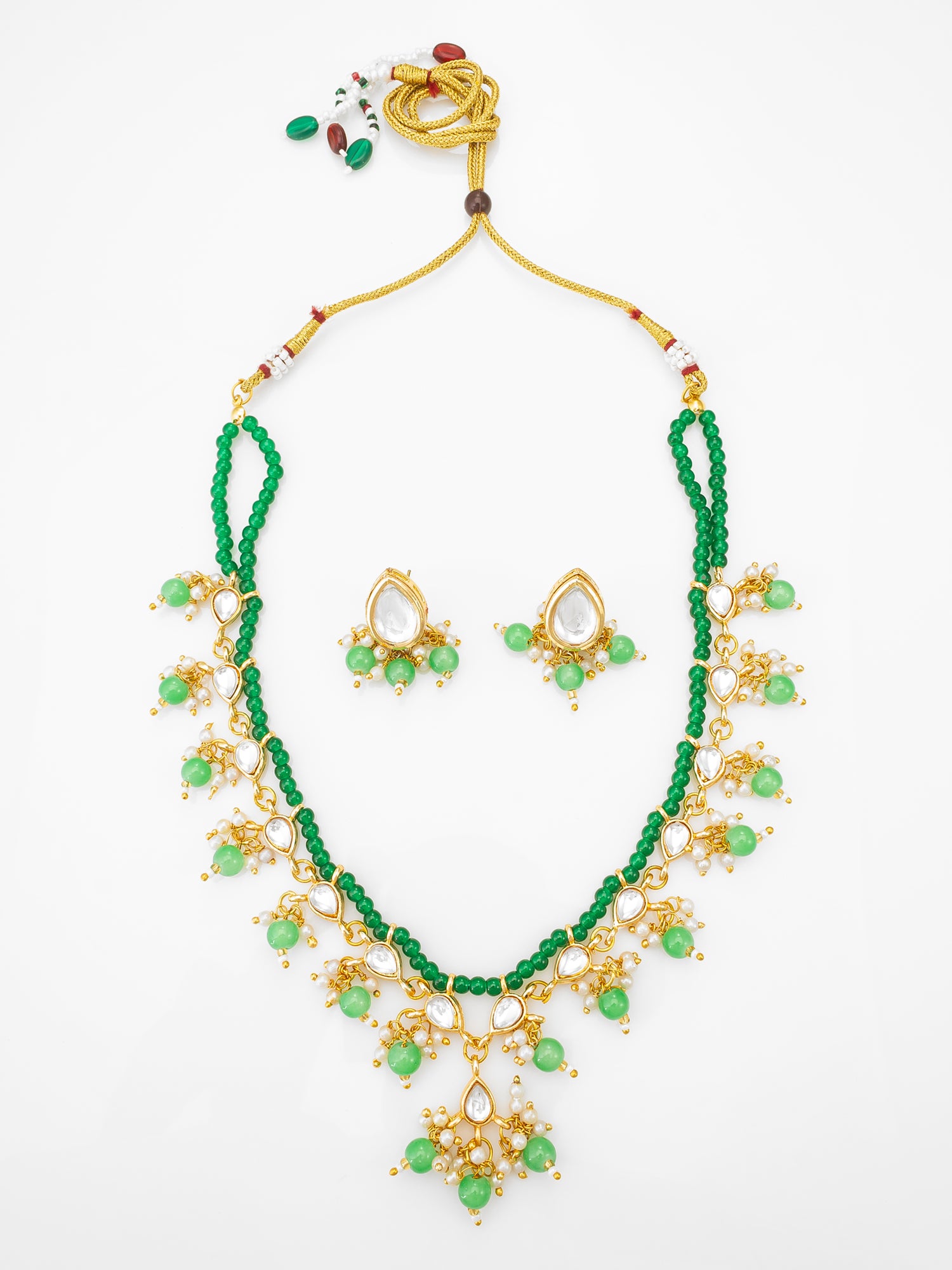 Gold-Plated Kundan Necklace Set with Green Beads and Stud Earrings | Aadita Jewelry