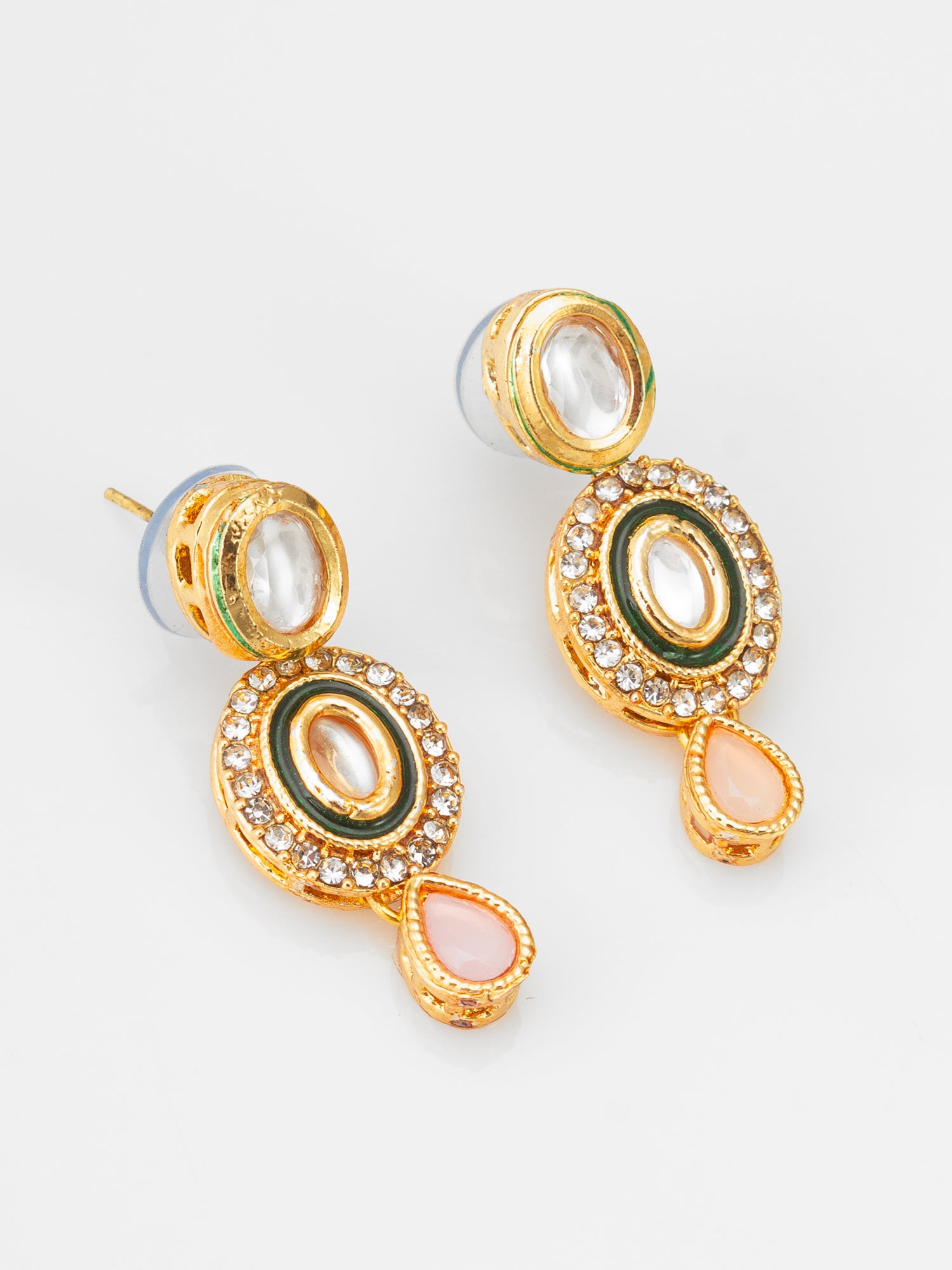 Traditional Kundan Necklace Set with Pink and Green Floral Pendant – View 2 | Aadita Jewelry