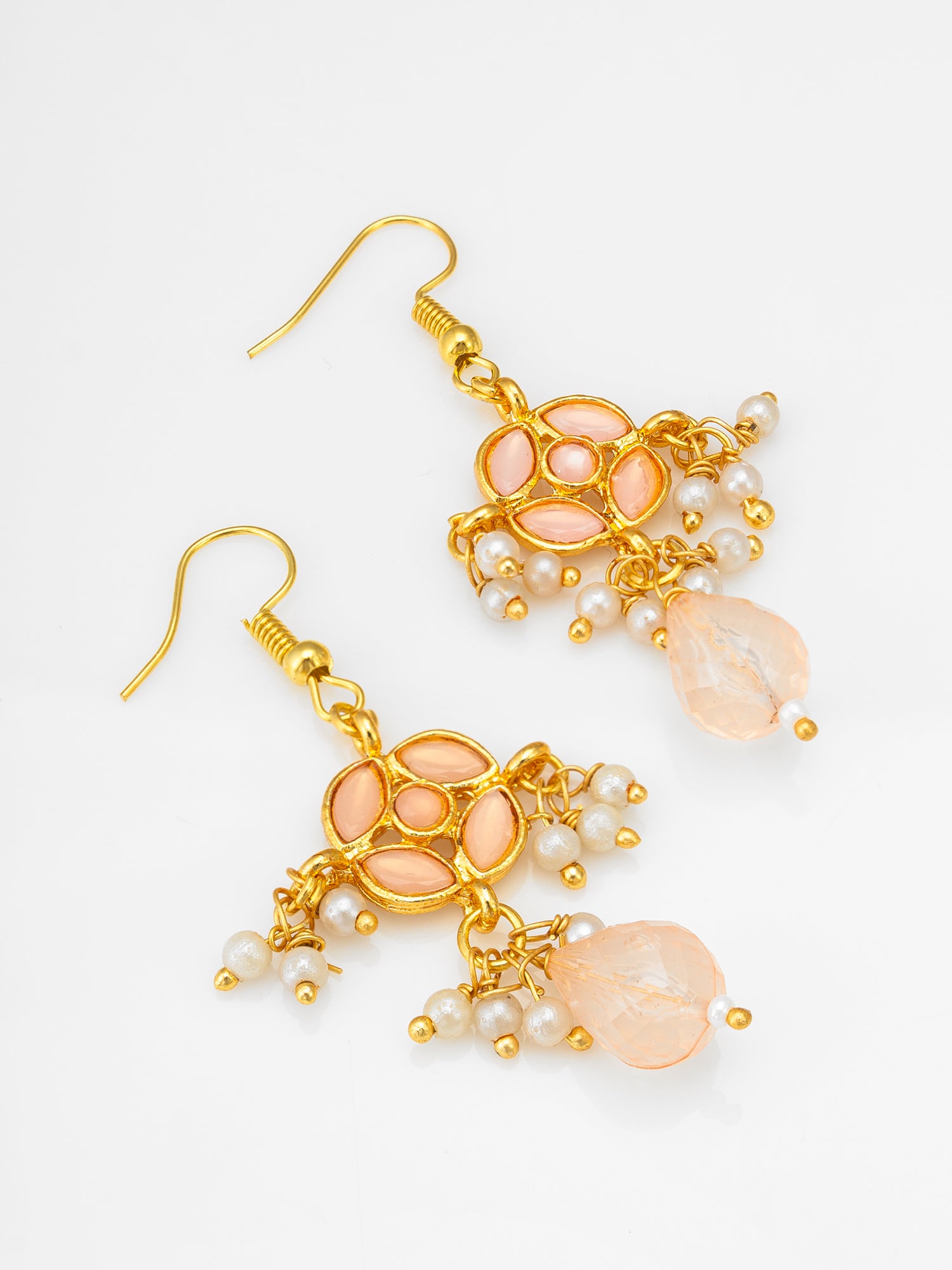 Elegant Peach Stone and Pearl Beaded Gold Plated Necklace Set – View 2 | Aadita Jewelry