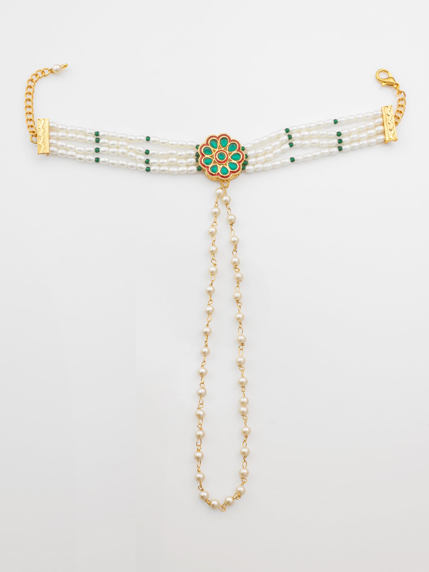 Adita Gold Plated Green Kundan & Pearl Haathphool Bracelet "“ Traditional Hand Harness Jewelry for Women & Brides | Aadita Jewelry