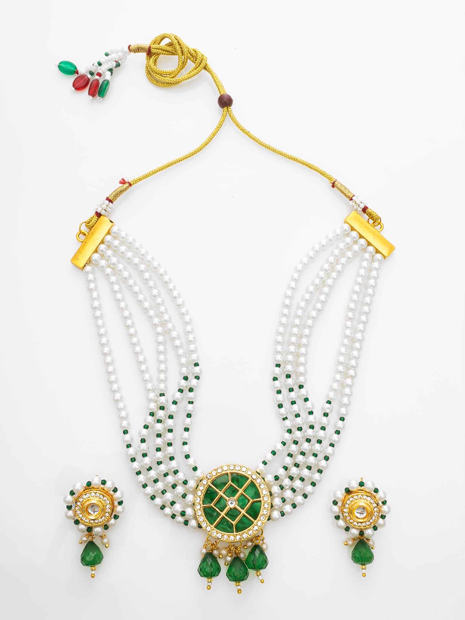 Gold-Plated Green & White Kundan Choker Necklace Set – View 2 | Aadita Jewelry