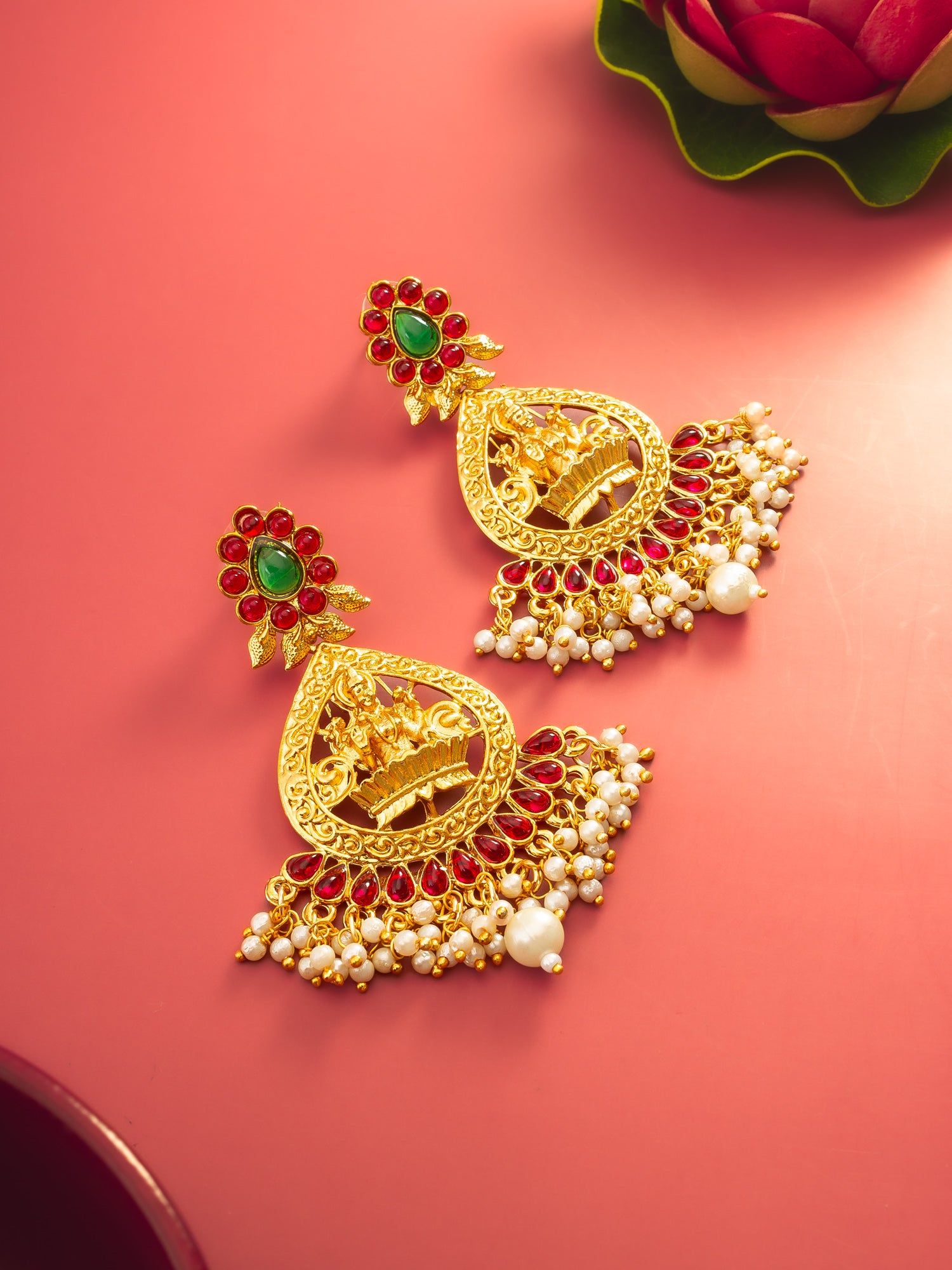 Aadita Temple Design Gold Plated Earrings with Green & Red Stones – View 5 | Aadita Jewelry