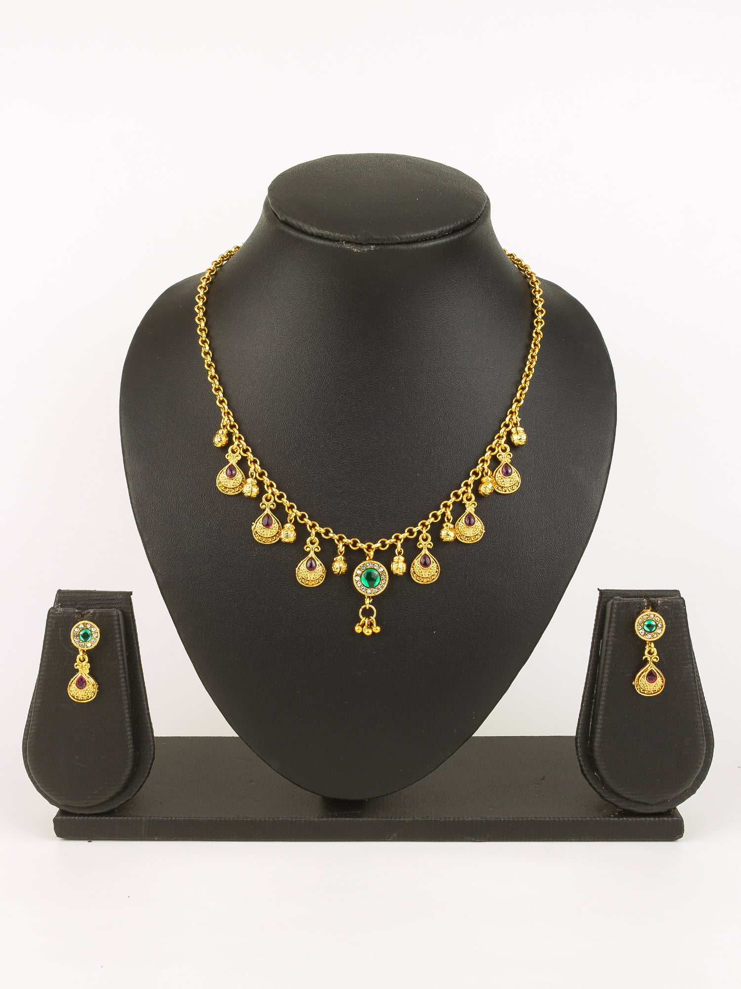 Gold-Plated Traditional Necklace Set for Women | Pink Teardrop & Green Stone Pendant | Bridal & Ethnic Festival Jewellery – View 5 | Aadita Jewelry