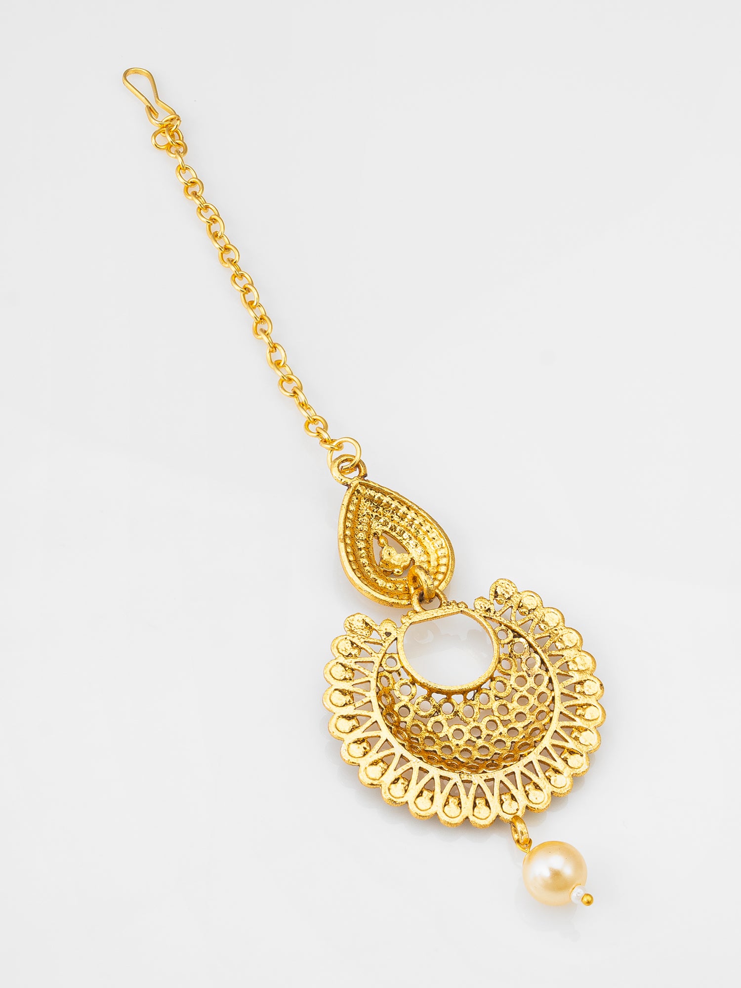 Gold-Plated Chandbali Maang Tikka with Teal AD Stones and Pearl Drop – View 3 | Aadita Jewelry