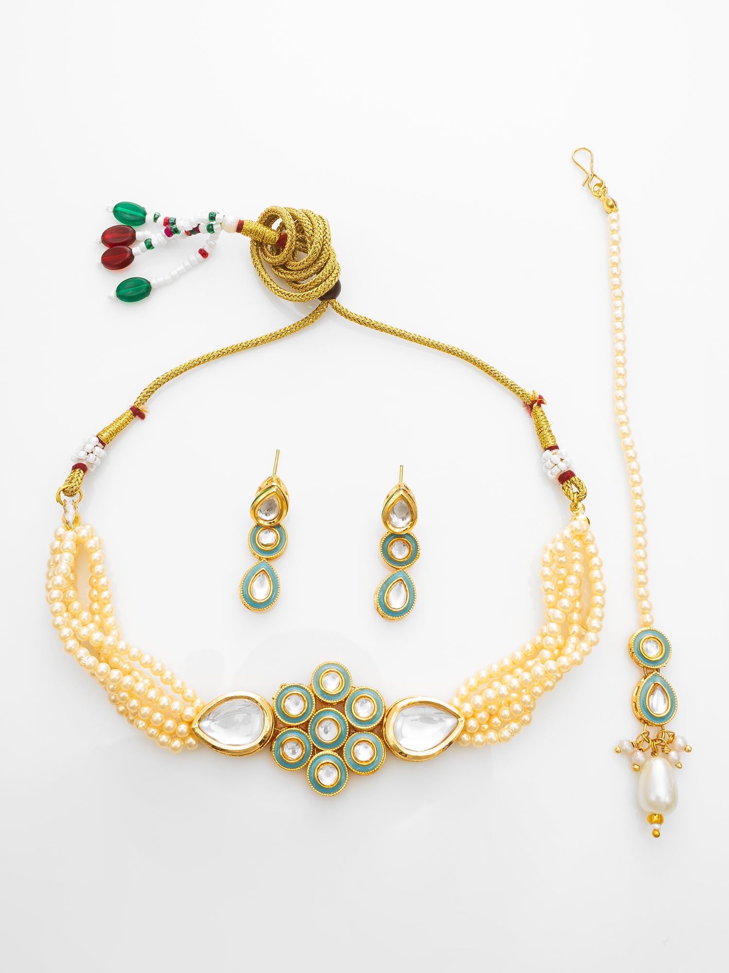 Gold Plated Kundan Choker Necklace Set with Green Enamel and Maang Tikka | Aadita Jewelry