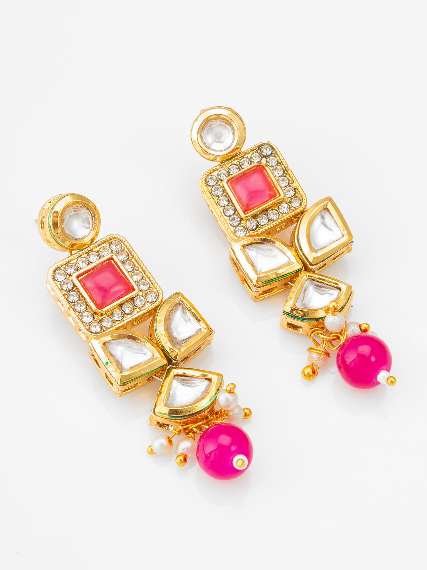 Geometric Gold-Plated Kundan Long Drop Earrings with Pink Accents and Pearl Beads | Aadita Jewelry