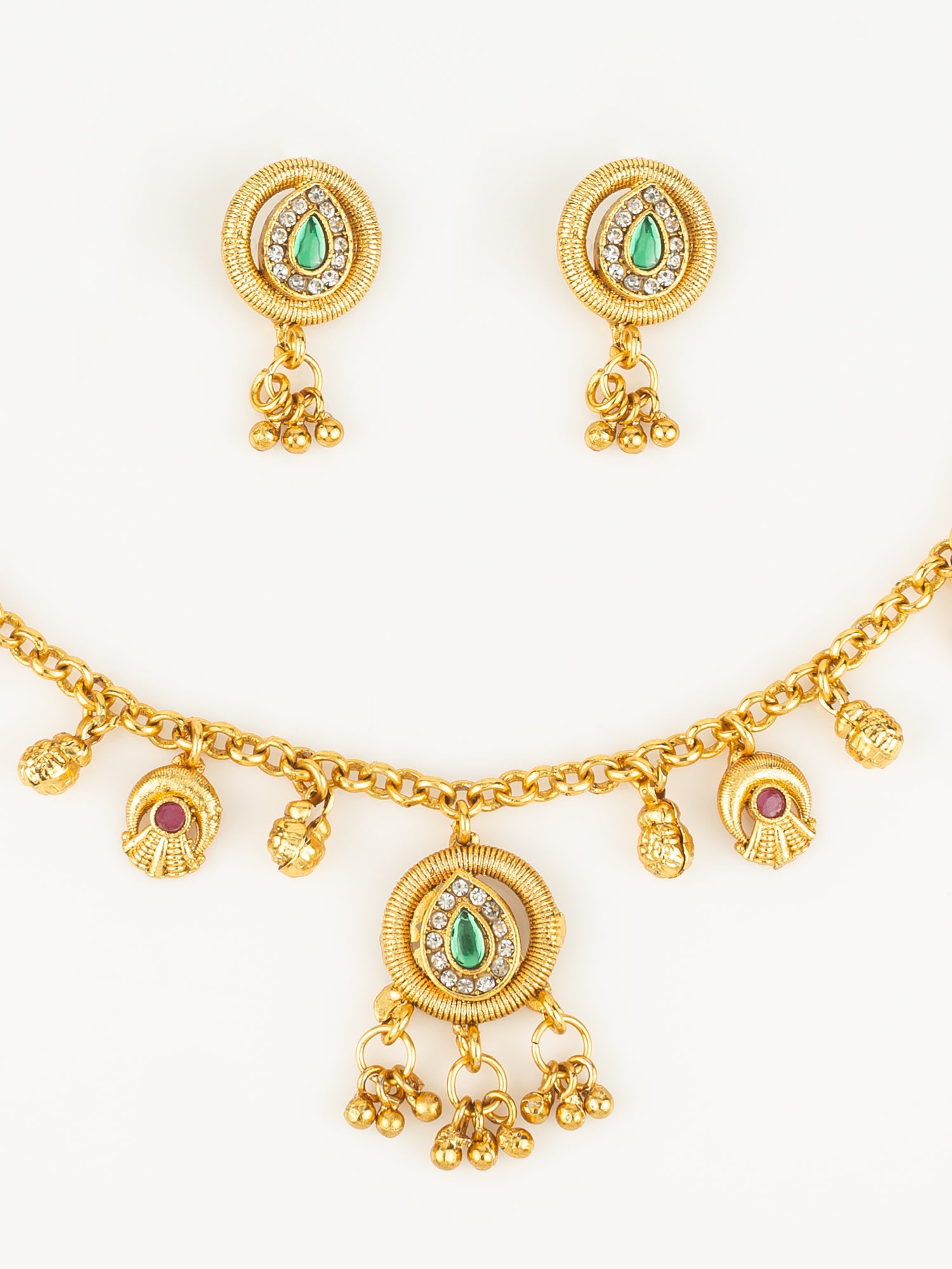 Gold-Plated Teardrop Stone Necklace Set for Women | Green & Pink Ethnic Jewellery with Earrings | Bridal & Festive Wear – View 4 | Aadita Jewelry